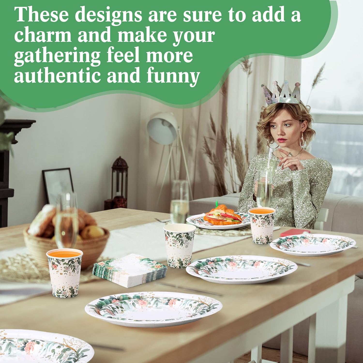 400 Pcs Sage Green Color Party Supplies Serve 50 Guests Eucalyptus Flowers Disposable Paper Plates Napkins and Cups for Bridal Baby Shower Birthday Wedding Party Decorations(Green,Elegant)