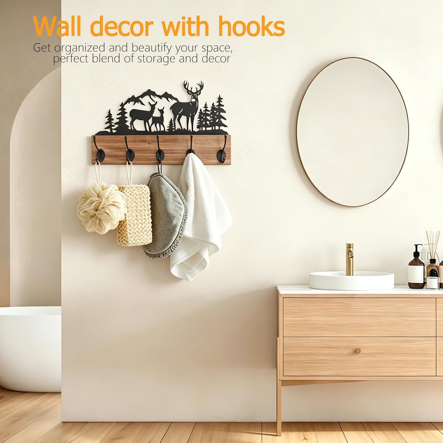Wooden&Metal Deer Wall Mount Coat Hooks,Wall Mounted with Remote-Controlled LED Strip Lights-5 Black Hooks Brown Real Wood Plank Hat Rack for Wall Hooks for Hanging Coat Hat Towels