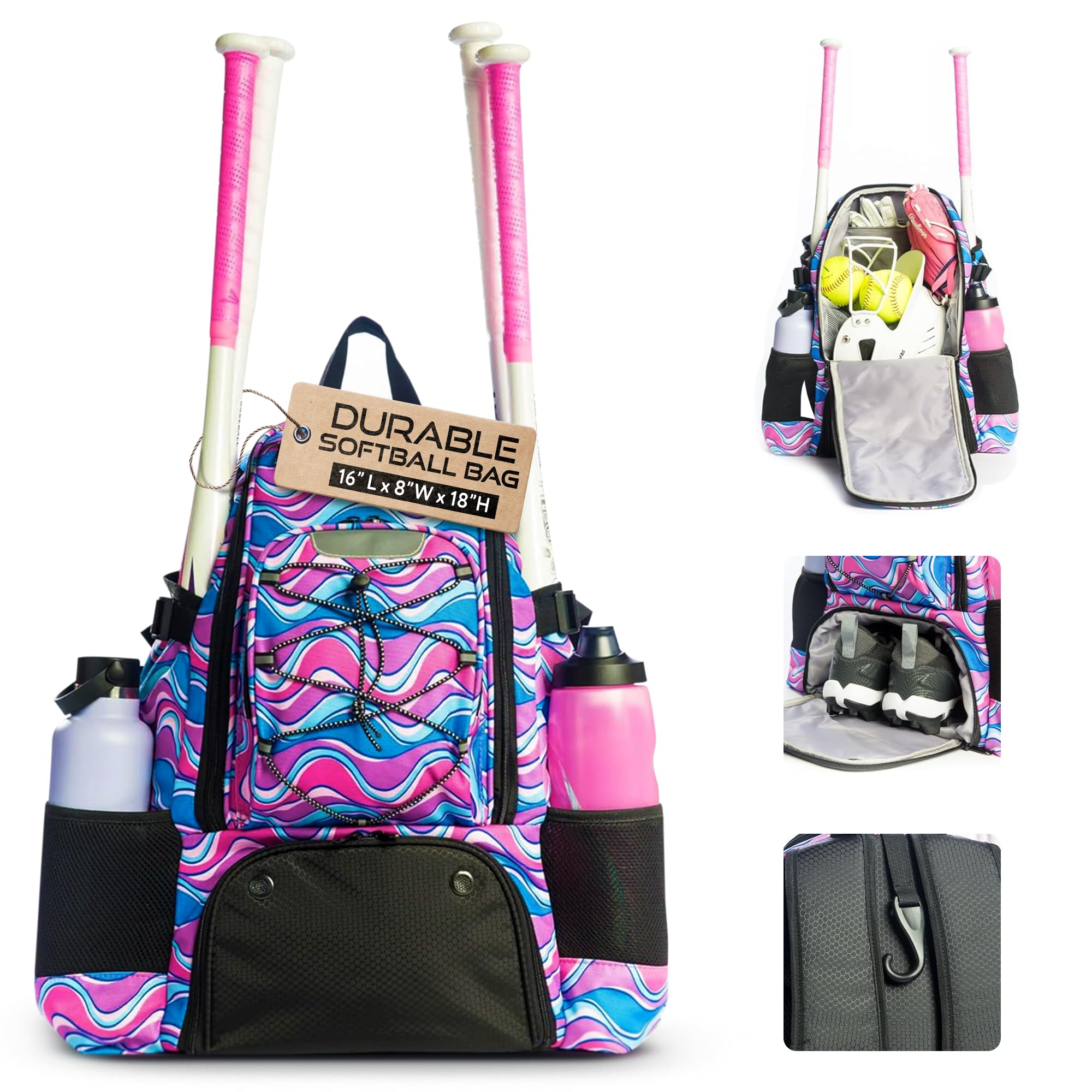 Softball bag with Separate Cleat Compartment - Durable Baseball Equipment Bag with Fence Hook - Trendy Softball Backpack - Softball and Baseball Bat