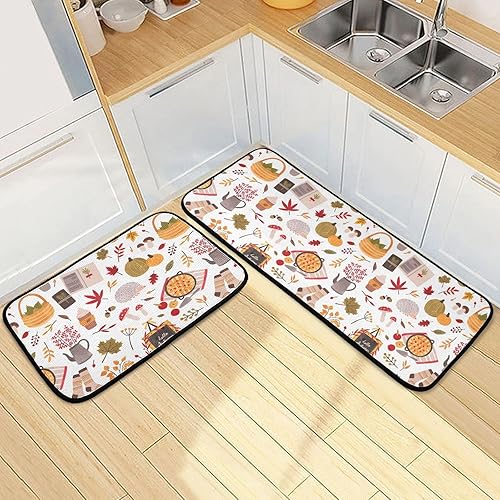 Miniatura 2 de Kitchen Mat 2PCSAutumn Element Kitchen Rugs and Mats Non Skid Washable Anti Fatigue Mats for Kitchen Floor Hedgehog Maple Leaves Kitchen Rug Set for