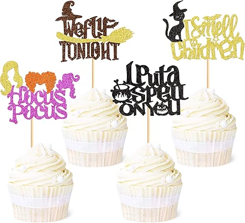 Miniatura 10 de Ercadio Paquete de 24 adornos para cupcakes de Halloween con purpurina negra, murciélago, fantasma, calabaza, sombrero de Halloween para cupcakes,