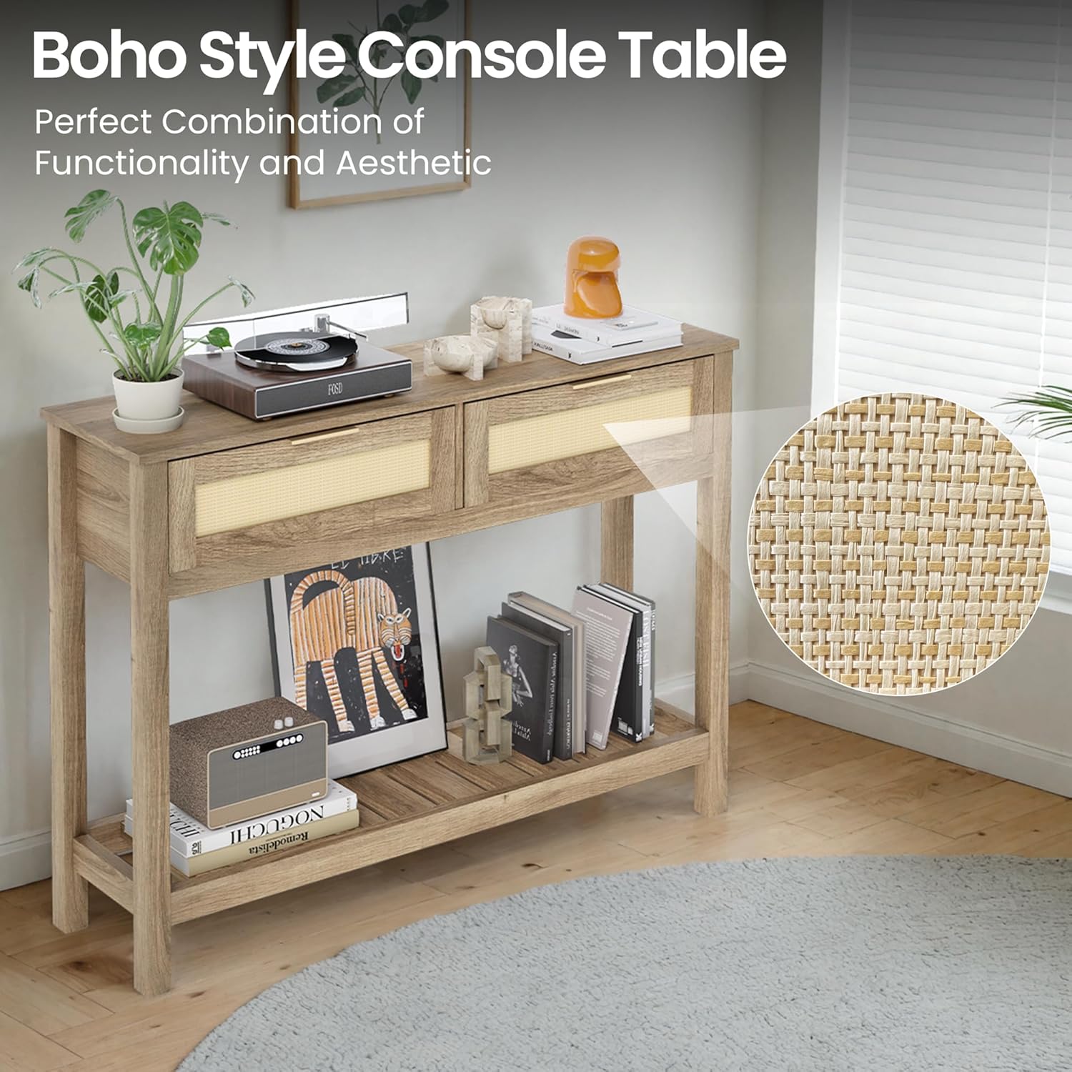 Console Tables with 2 Drawers,Rattan Entryway Table with Storage Shelf,Wood Boho Foyer Tables for Entryway,Farmhouse Console Tables for Living Room,Hallway, Sofa Table,Study Or TV Wall