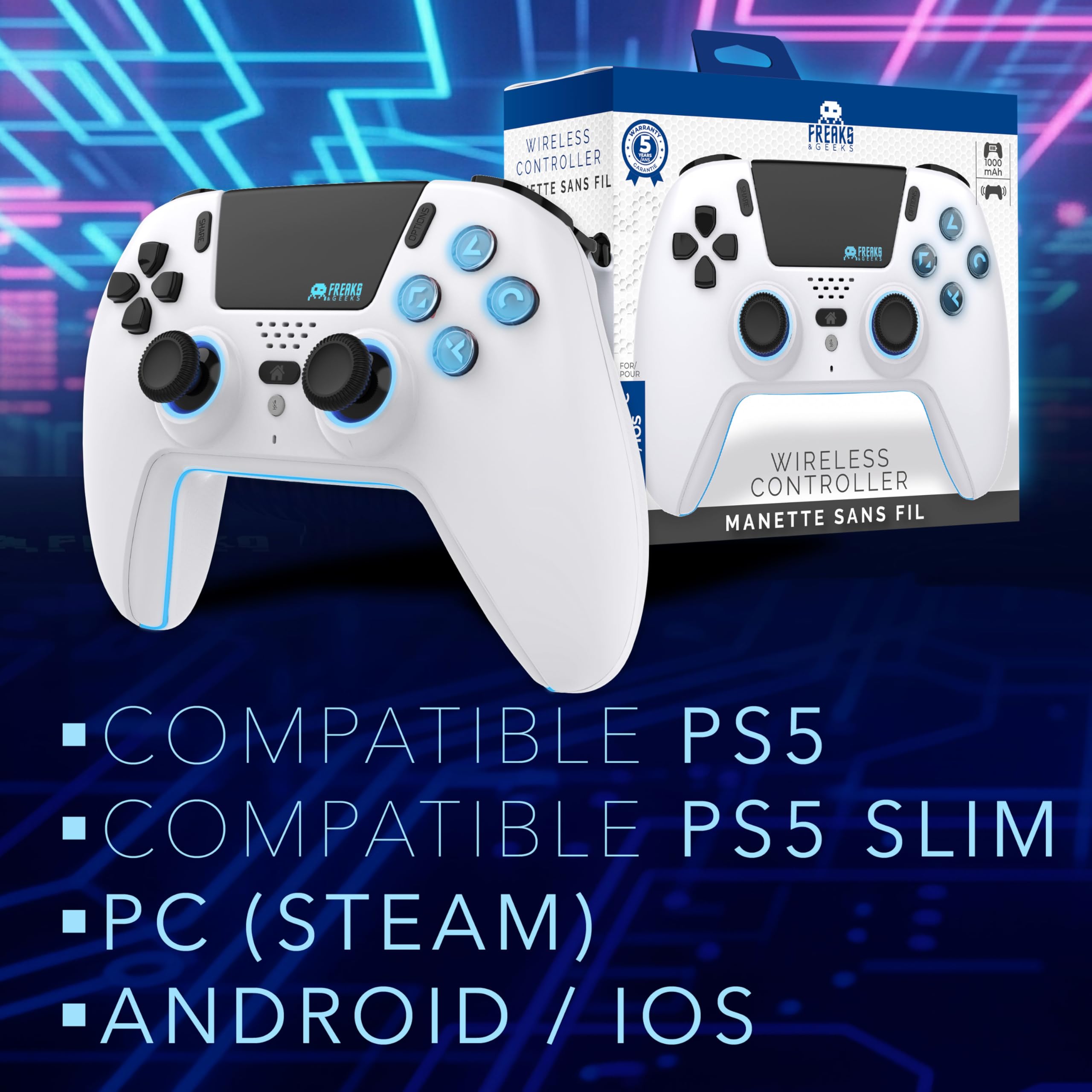 Freaks and Geeks-Manette Bluetooth pour PS5 LED - Blanche