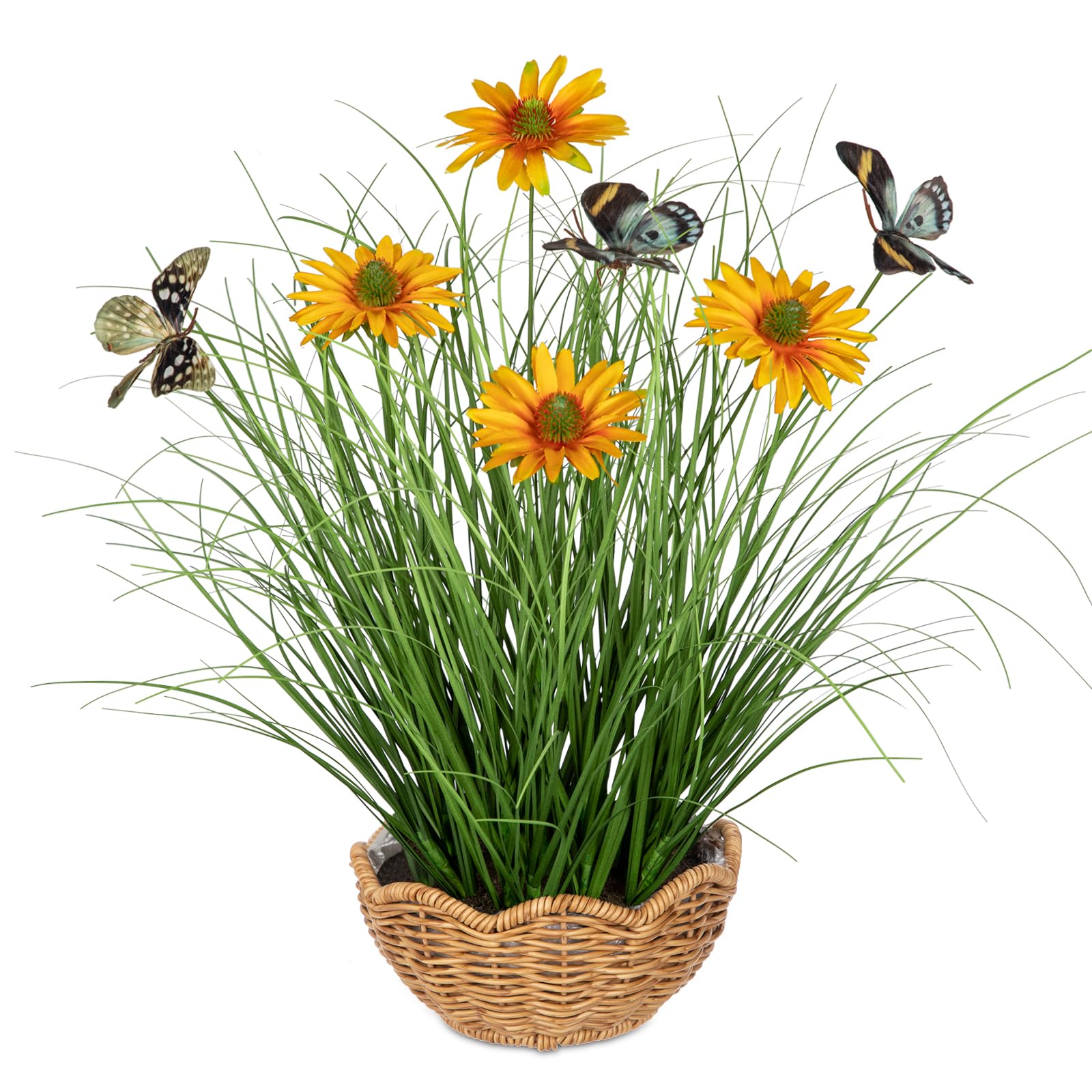 Artificial Plants Indoor with Pot, 17.3" Fake Potted Plants Artificial Onion Grass Plant with Yellow Daisies Flowers and Butterflies Small Faux Plant Indoor for Home Living Room Table Shelf Decor