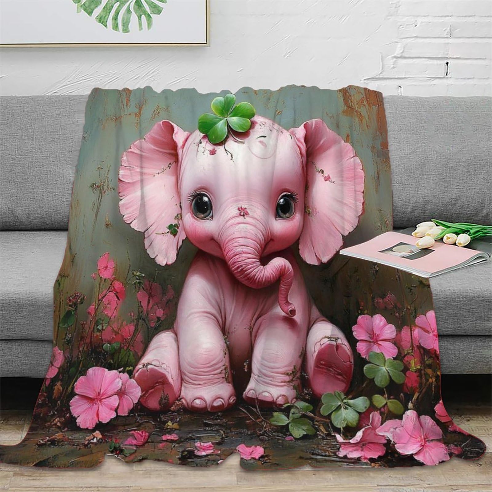 Couverture anti-bouloche en micropolaire rose motif éléphant 3D doux