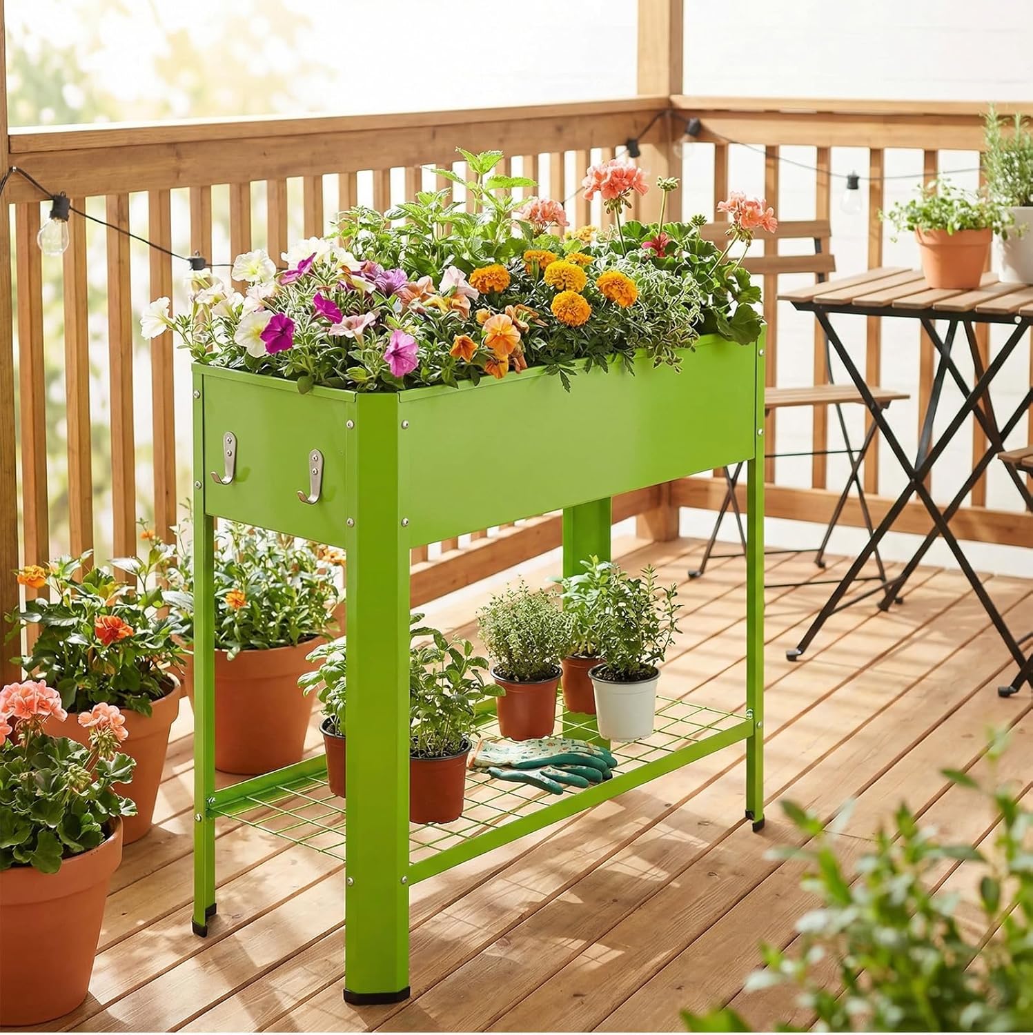 Elevated Raised Garden Bed with Legs, 31.7 x 13.9 x 31.8 in Metal Planter Box, 7.9 in Soil Depth, Heavy-Duty Steel Frame, Drainage Design, 2 Hooks, Green