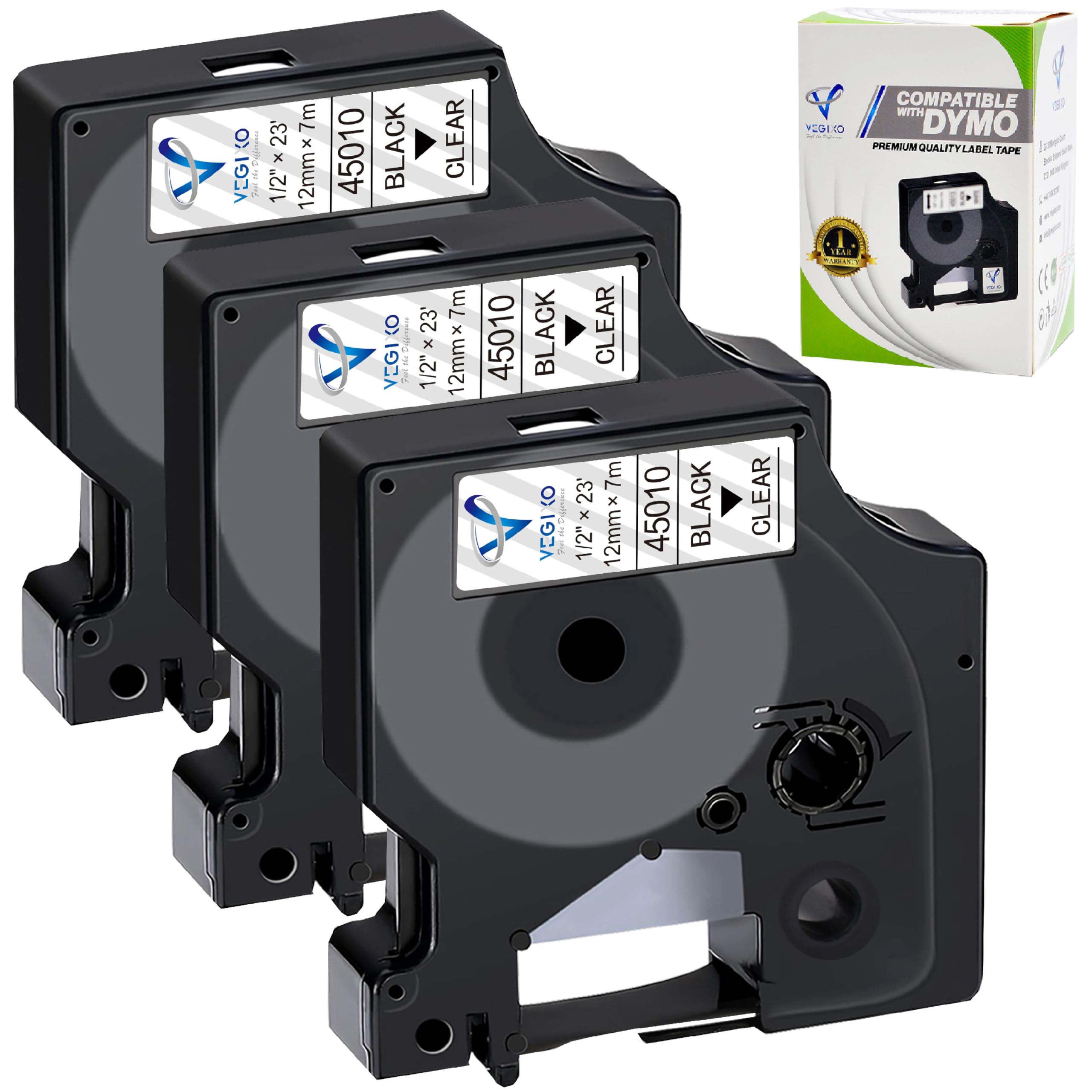 Black on Clear-12mm X 7m D1 Label Tape Pack of 3 - Replacement for 45010 S0720500 Dymo ‎Label Printer Tape, Compatible with Dymo Label Maker 160, 210D, Label Writer 450D, 500TS