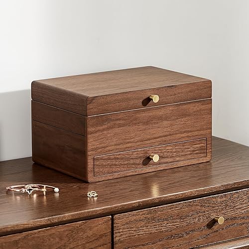 Miniatura 2 de CHOSIN Joyero de madera de nogal negro para mujer, 3 niveles, organizador de cajones multifuncionales, caja organizadora de relojes, collares