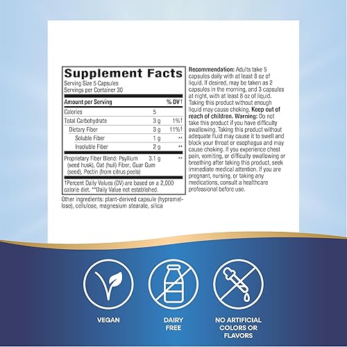 Vista 5 de Nature's Way Suplemento diario Fiber Fusion, con cáscara de psyllium, salvado de avena, pectina, soporte digestivo*, vegano, 150 cápsulas