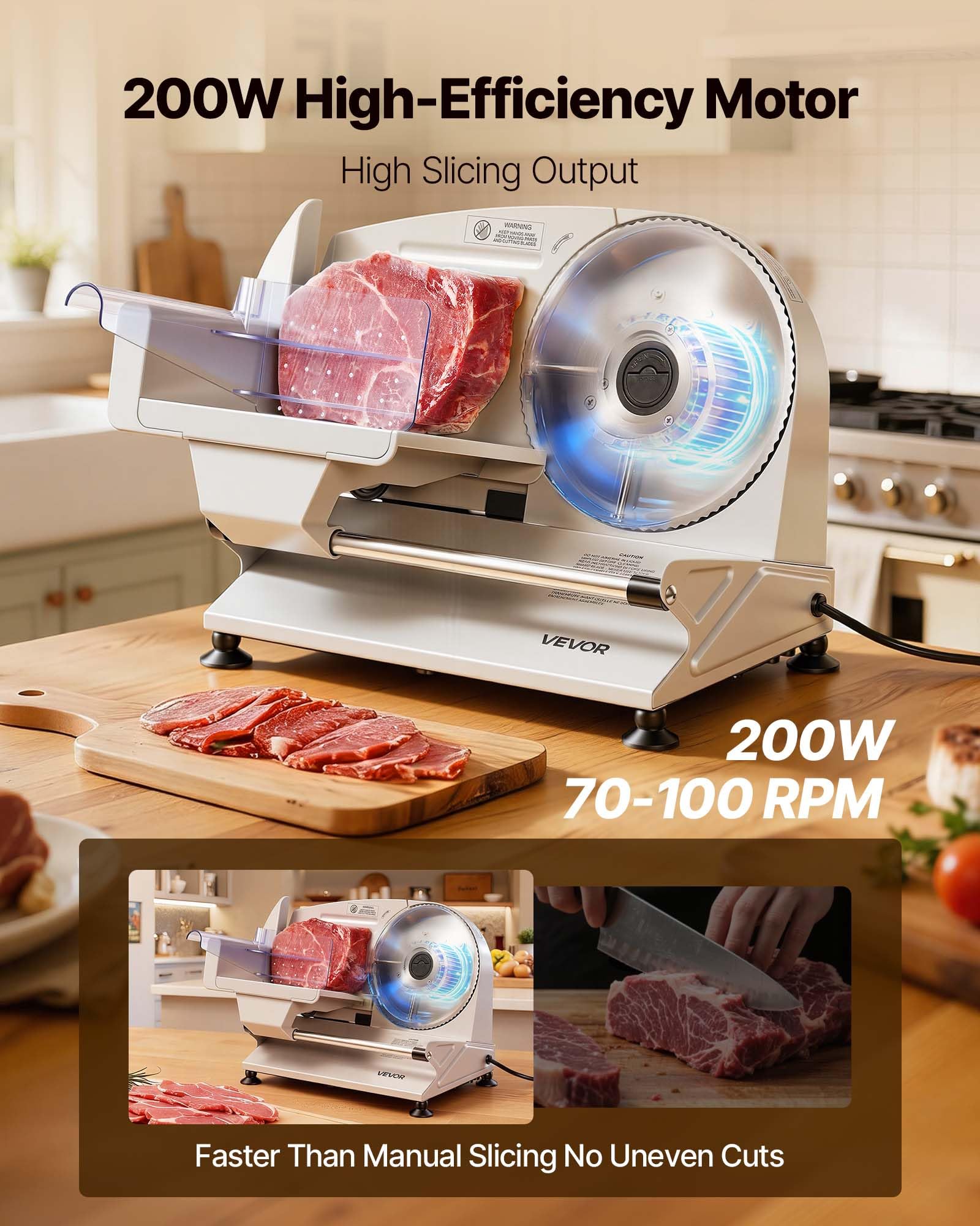 VEVOR Cortafiambres Eléctrico 200 W, Cortadora de Fiambre con 2 Cuchillas SUS420 de 190 mm, Velocidad de Corte de 75 a 100 RPM, Grosor Ajustable de 0 a 15 mm, para Carne Congelada, Jamón, Baguette