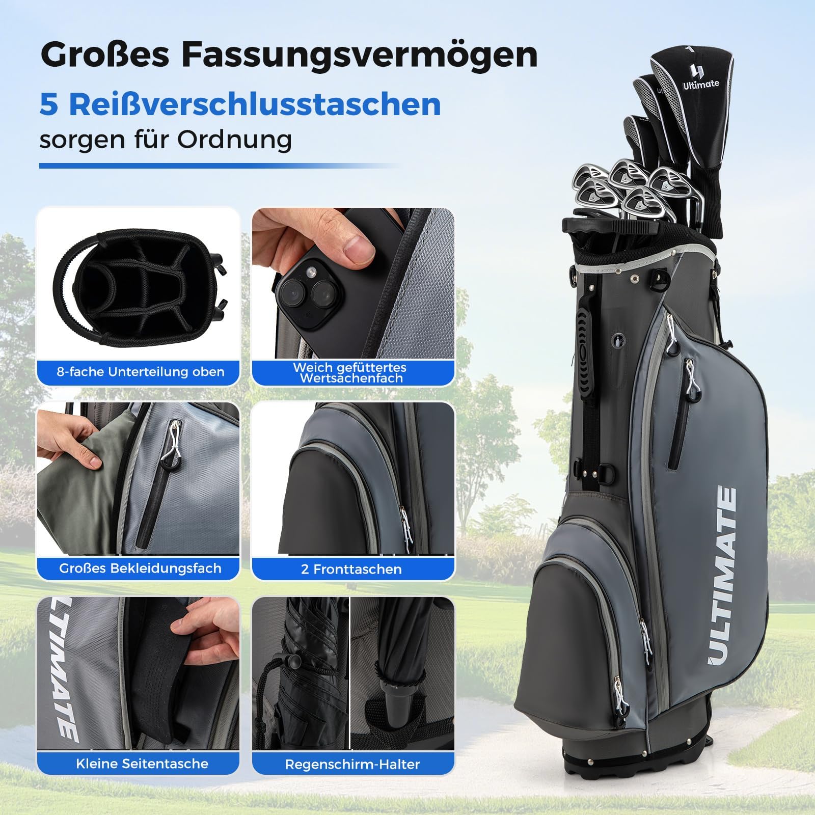 COSTWAY komplettes Herren Golfschläger Set, 9/11/15 teilige Golfschlägersätze rechtshändig mit Golftasche & Regenhaube, Golfset mit Driver & Fairway & Hybrid & Eisen & Putter