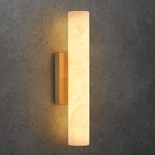 20in Alabaster Wall Sconce with Solid Brass, Dimmable LED Light