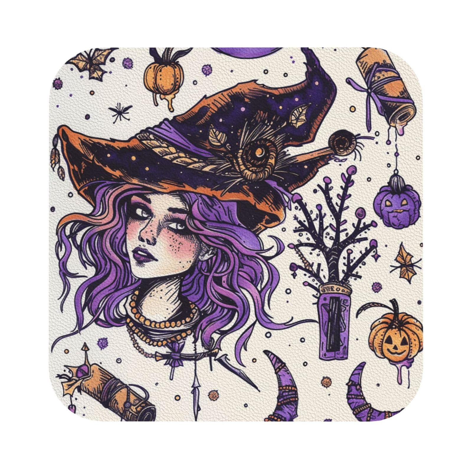 Magic Witch Witchcraft Bohemian Drawing Print Leather Coaster Set of 6, Square Coasters Table Decorative Coffee Cup Beverage Coasters Wine Beer Bar Coasters for Hot Drinks Table Protection