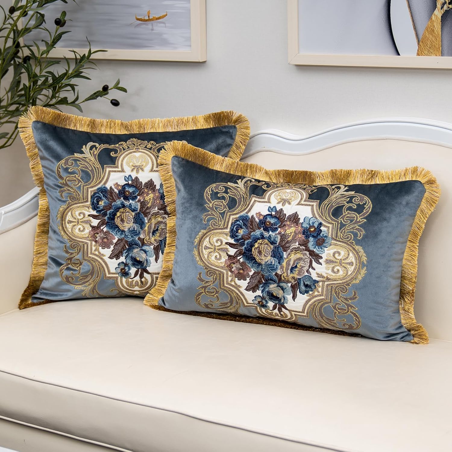 Alerfa Floral Velvet Throw Pillow Cover with Tassel 16 x 24 Inch, European Embroidered Decorative Pillow Cover for Couch Living Room Bedroom Car, Gray