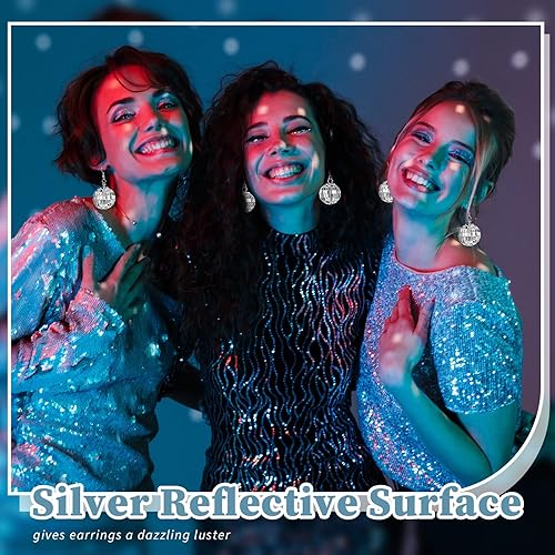 Miniatura 4 de 12 pares de aretes de bola de discoteca para mujer, aretes de bola de espejo de los años 60, aretes de discoteca de plata de los años 70, accesorios