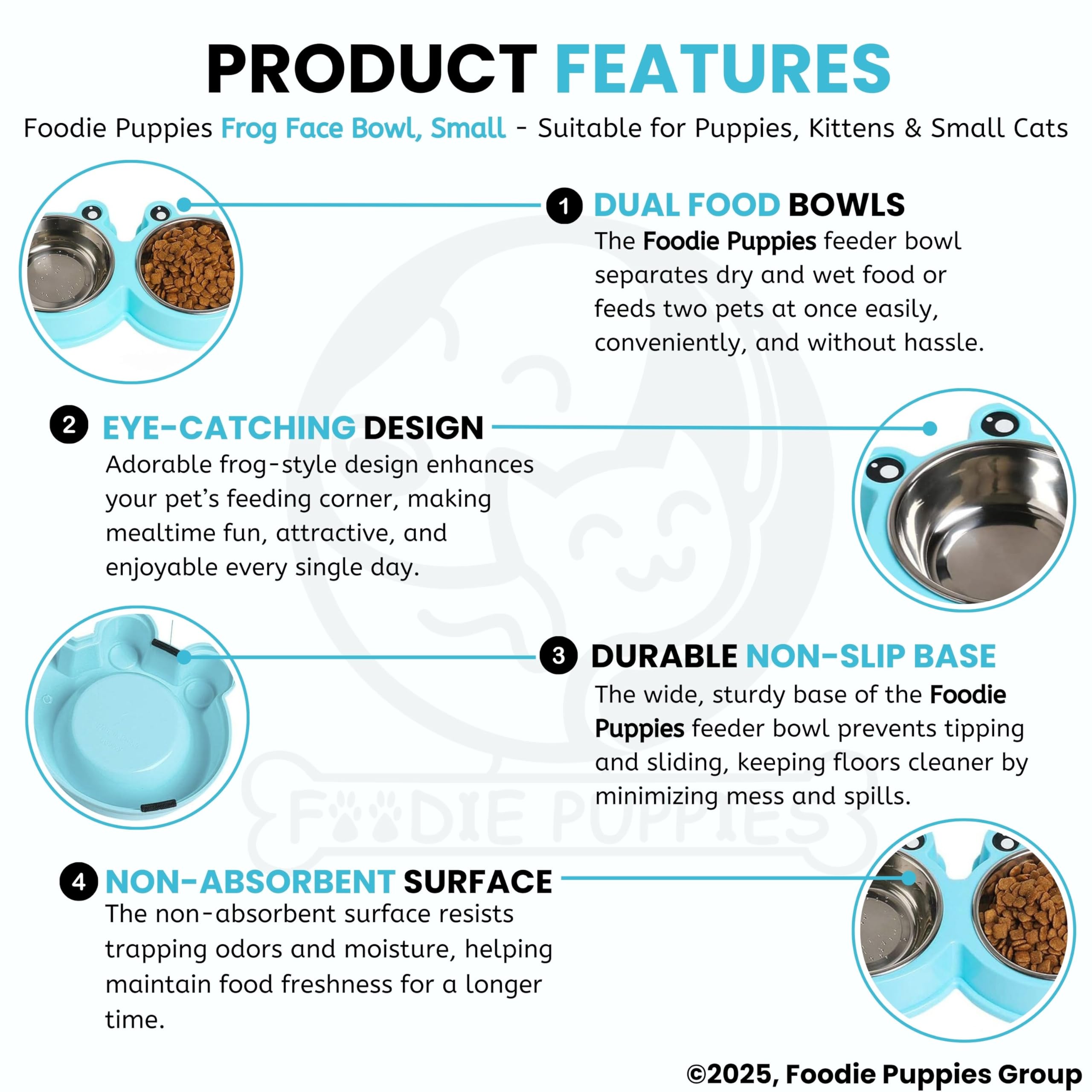 Foodie Puppies 2-in-1 Food and Water Bowl for Cats and Kittens - (Frog Bowl, Small) 200ml Each | Non-Slip, Non-Toxic Pet Feeding Plastic Frog Face Shaped Double Bowl Food & Water Feeder 2