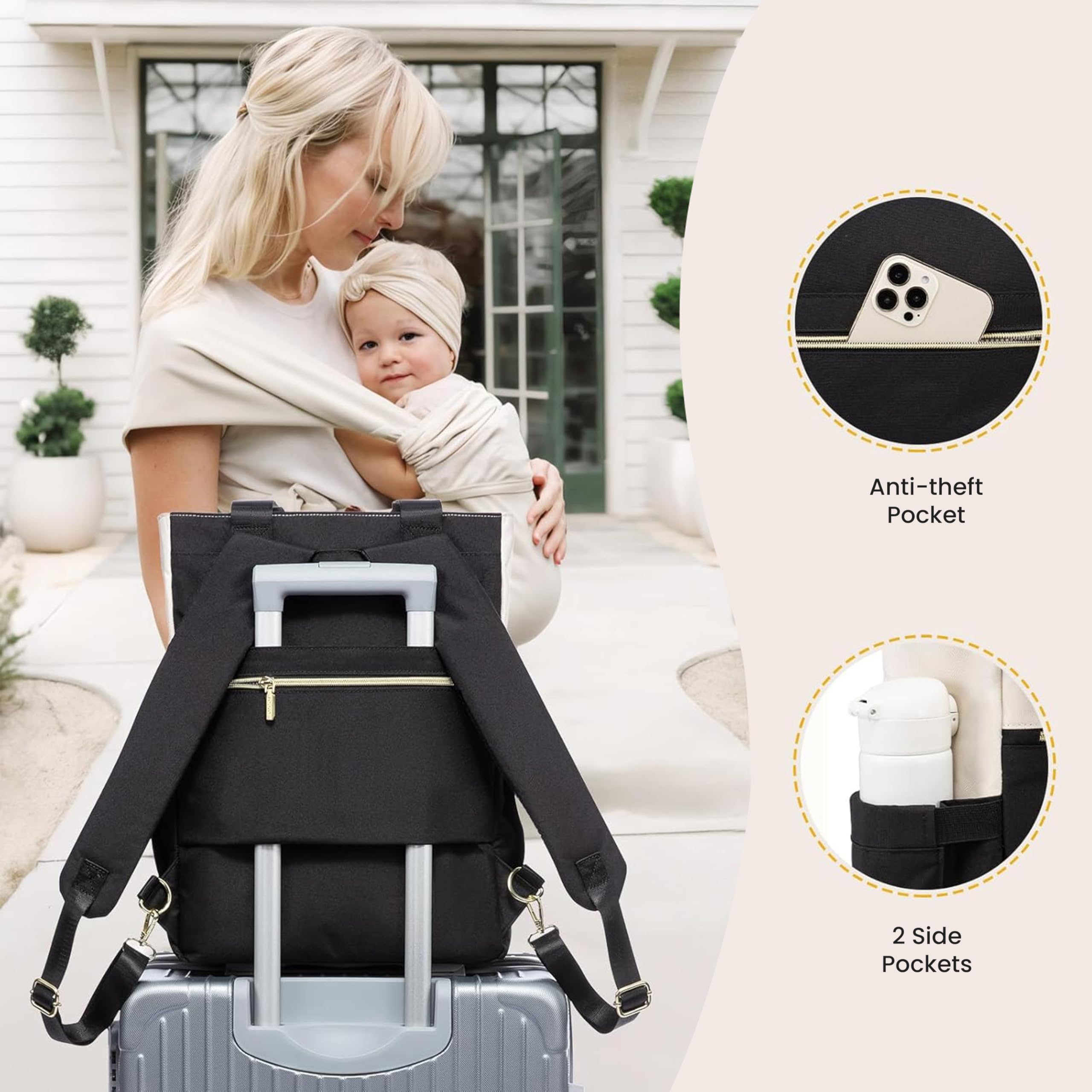 Birch & Co. Diaper Bag for Mothers for Travel – Baby Bag - Stylish Waterproof Baby Backpack with Insulated Compartments, Changing Mat, Spacious for Daily & Travel Use, BlackBrownWhite - Image 4 thumbnail