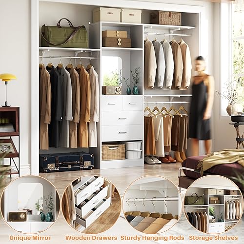 Miniatura 5 de Unikito Sistema de armario de 8 pies con 4 cajones, organizador de armario de madera de 96 pulgadas con espejo y varillas para colgar, inserto