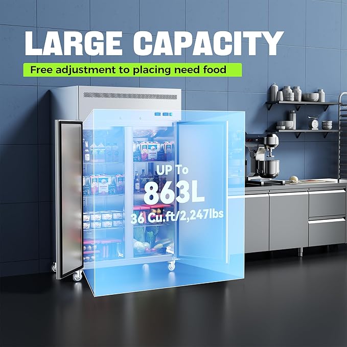 Coolake 48" W 2 Door Commercial Refrigerator and Freezer Combo, 36 Cu.ft 2 Section Stainless Steel Solid Door Fan Cooling Upright Reach in Freezer for Restaurant, Bar, Shop, Garage on Fridge.com