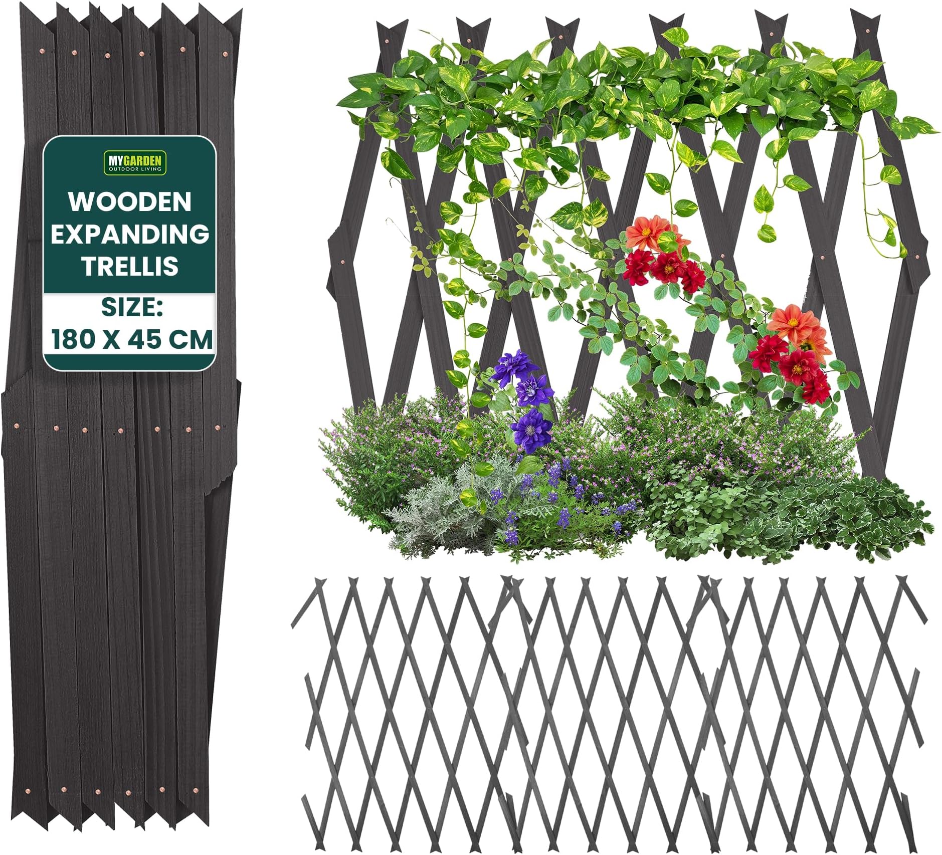 MY GARDEN Trellis Expandable Wooden Garden Trellis Durable Brass Pinned, Water-Treated Fir Wood Trellis for Climbing Plants Expands Up to 6Ft Ideal for Plants, Flowers, and Vegetables (180 X 45 CM)