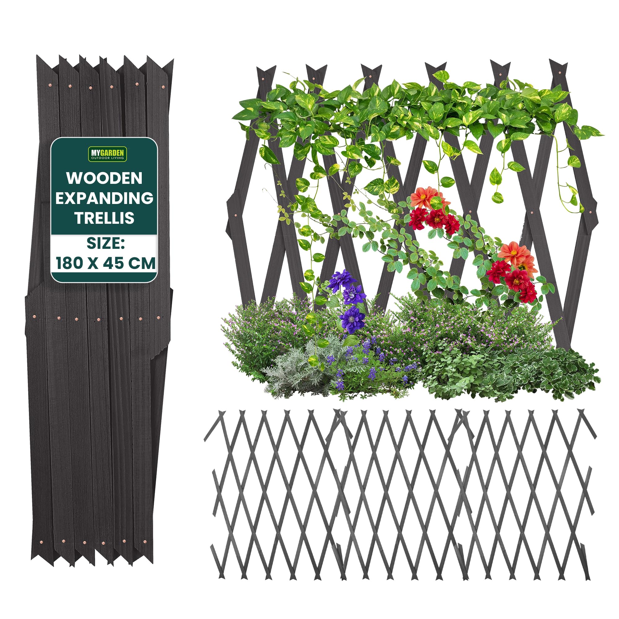 MY GARDEN Trellis Expandable Wooden Garden Trellis Durable Brass Pinned, Water-Treated Fir Wood Trellis for Climbing Plants Expands Up to 6Ft Ideal for Plants, Flowers, and Vegetables (180 X 45 CM)