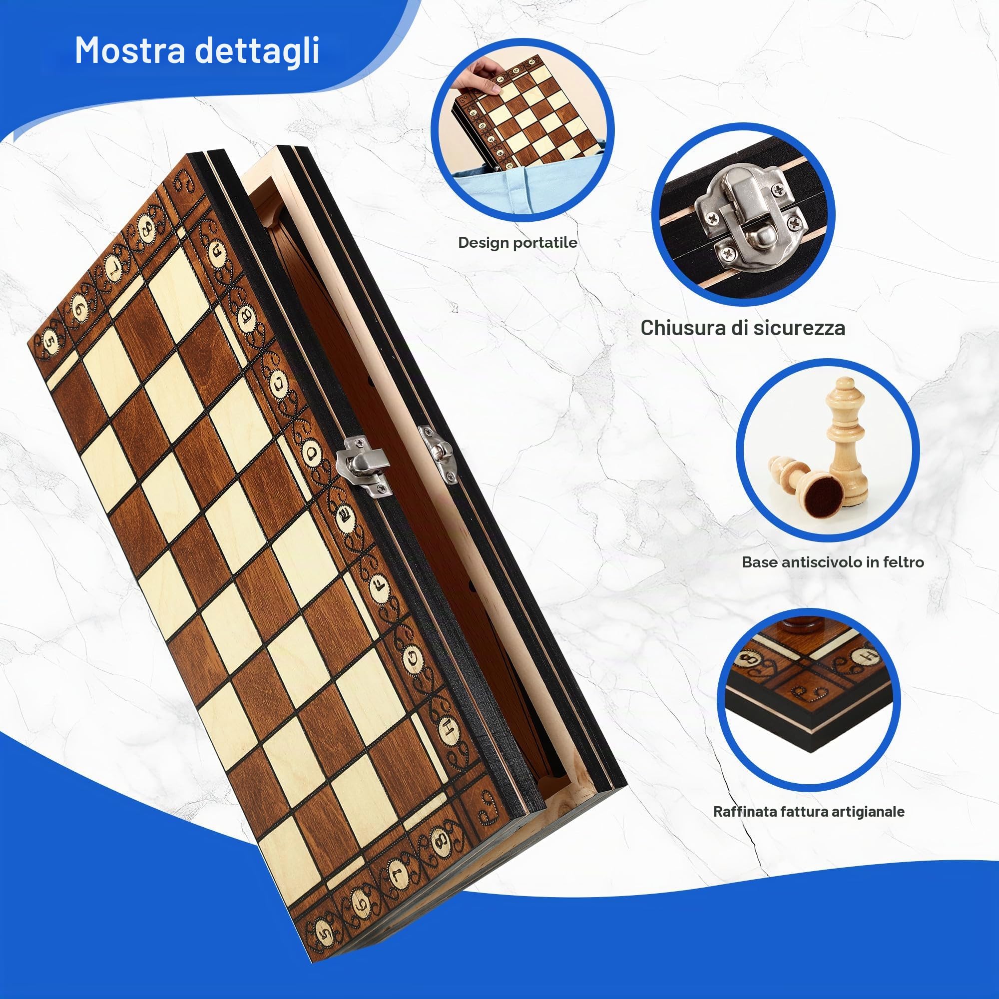 Scacchiera in legno, 3 in 1 Scacchiera Professionale, Scacchiera Portatile e Pieghevoli, Gioco da Tavola di Qualità Adatto a Raduni di Bambini Adulti, Attività Familiari (29 cm x 29 cm)
