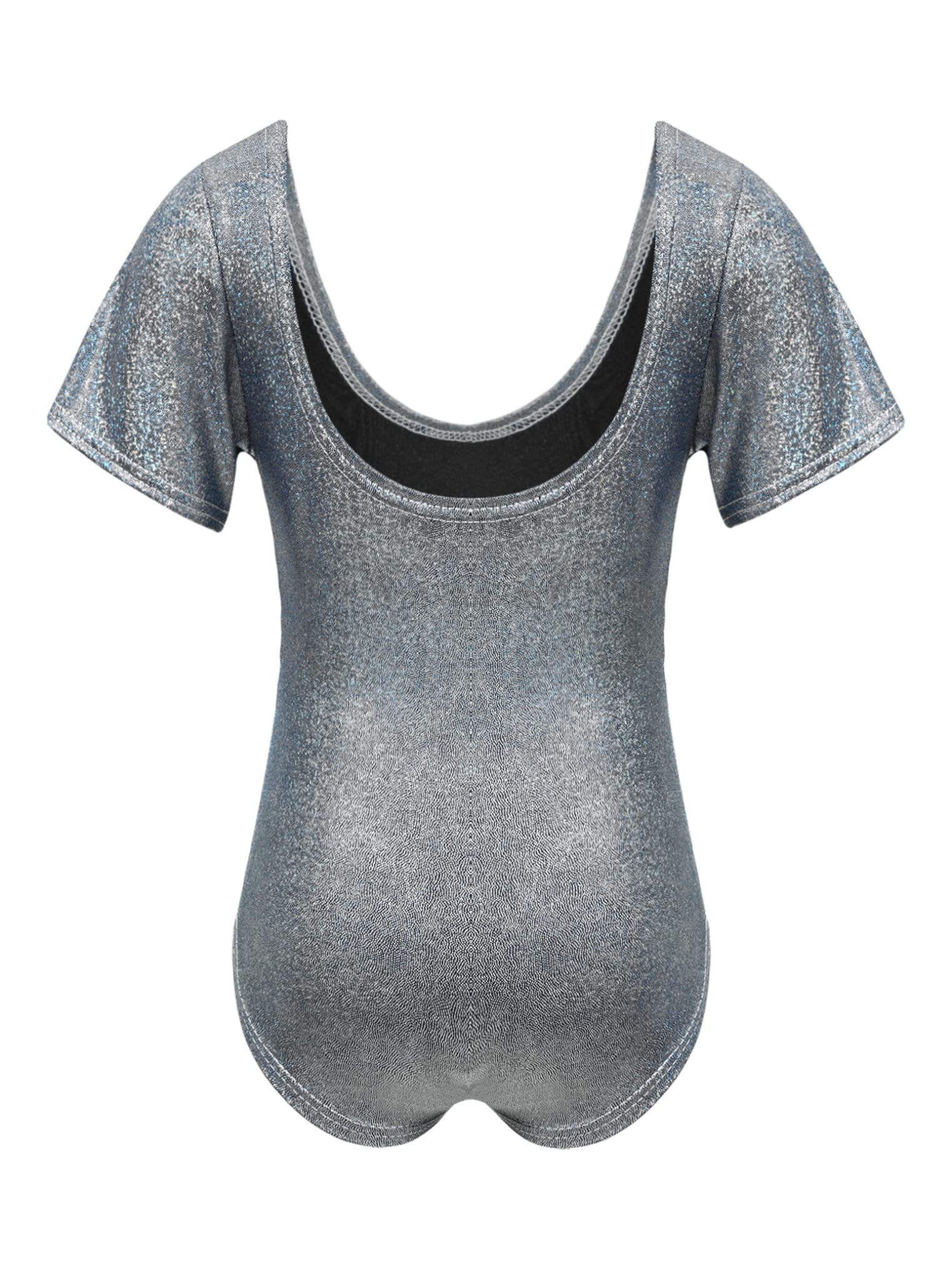 Yeahdor Girls Gymnastics Dance Leotard Short Sleeve Shiny Metallic Ballet Dance Bodysuit Stage Performance Dancewear Black 8-9 Years