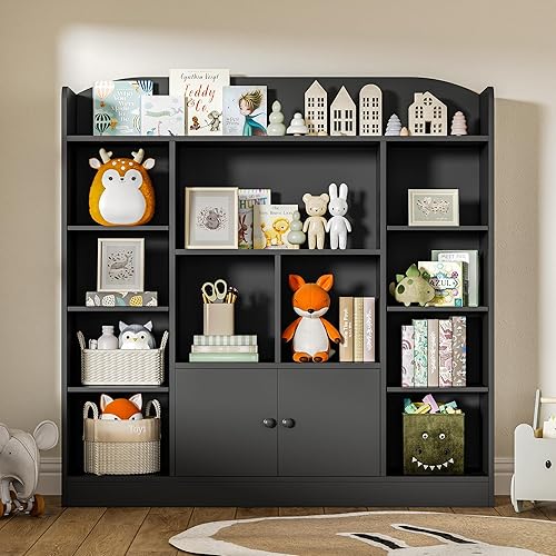 Miniatura 3 de Estantería negra para niños, estantería para niños con 11 cubos y 2 gabinetes, estantes independientes de almacenamiento para dormitorio, sala de