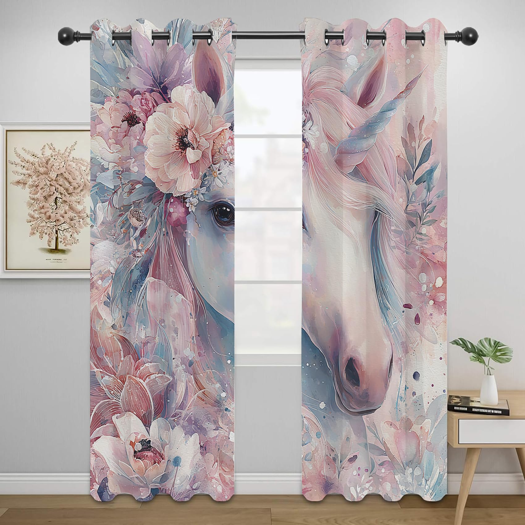 Rideau Occultant Licorne, Fleurs Aquarelle Rose Rideau Thermique Tenture Opaque à Oeillets, Enfants Filles Rideaux Decoration Chambre Maison Salon Intérieurs, 117x183cm, 2 Pièces, M141z