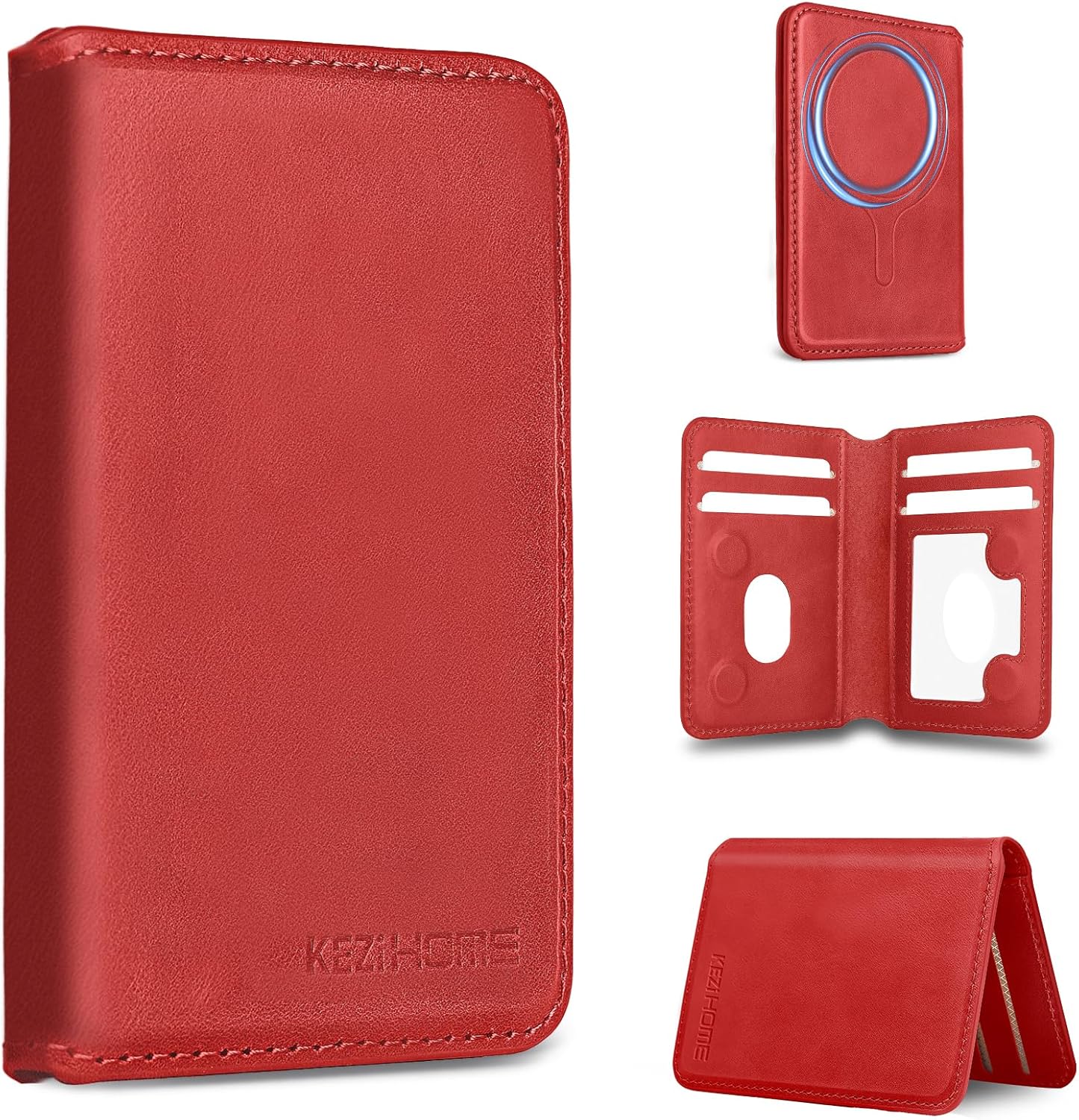 KEZiHOME for MagSafe Wallet with Stand, Genuine Leather 6 Card Holders[RFID Blocking] Minimalist Magnetic Wallet for iPhone 17/16/15/14/13/12 Series with MagSafe Phone Case (Red)