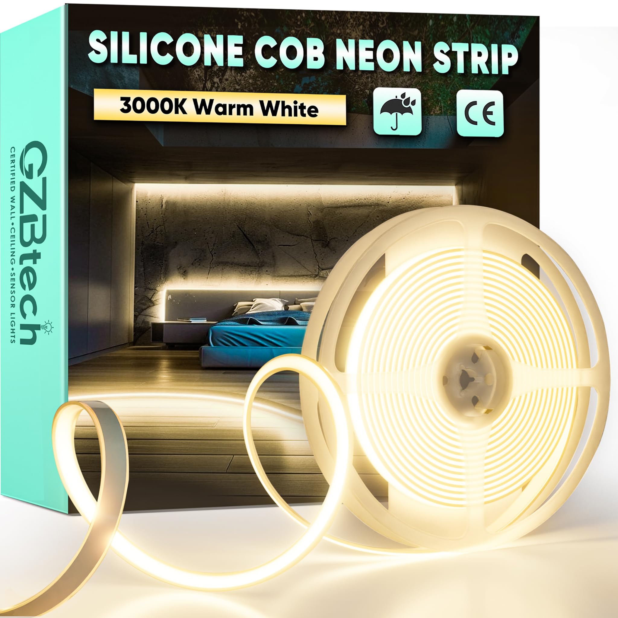 GZBtech AC 220-240V Ruban LED COB 5m, Chaud Blanc 3000K Flexible Découpable Dimmable Etanche 1500lm/m 286 LED/m Bande Lumineuse LED Lumière pour TV Rétroéclairage, Armoire, Chambre, Cuisine