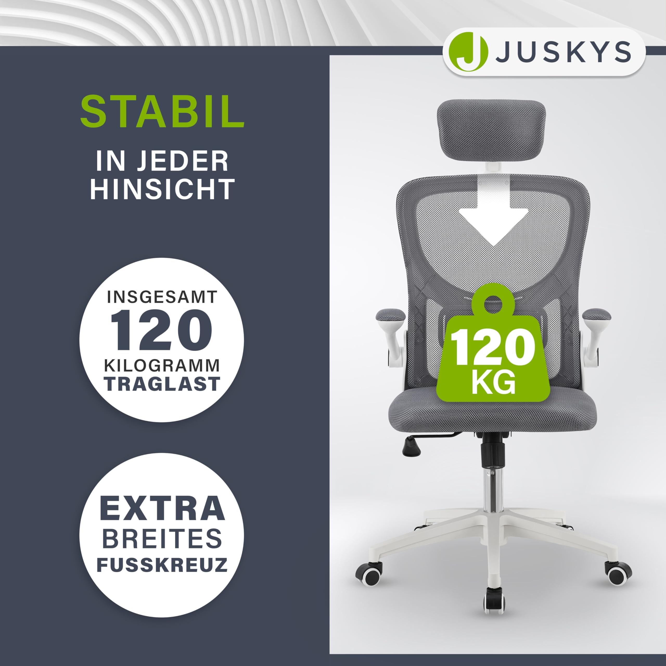 Juskys Bürostuhl Baltimore mit Rollen & Armlehne - Schreibtischstuhl ergonomisch & höhenverstellbar - Stuhl für Arbeitszimmer - Drehstuhl - Grau