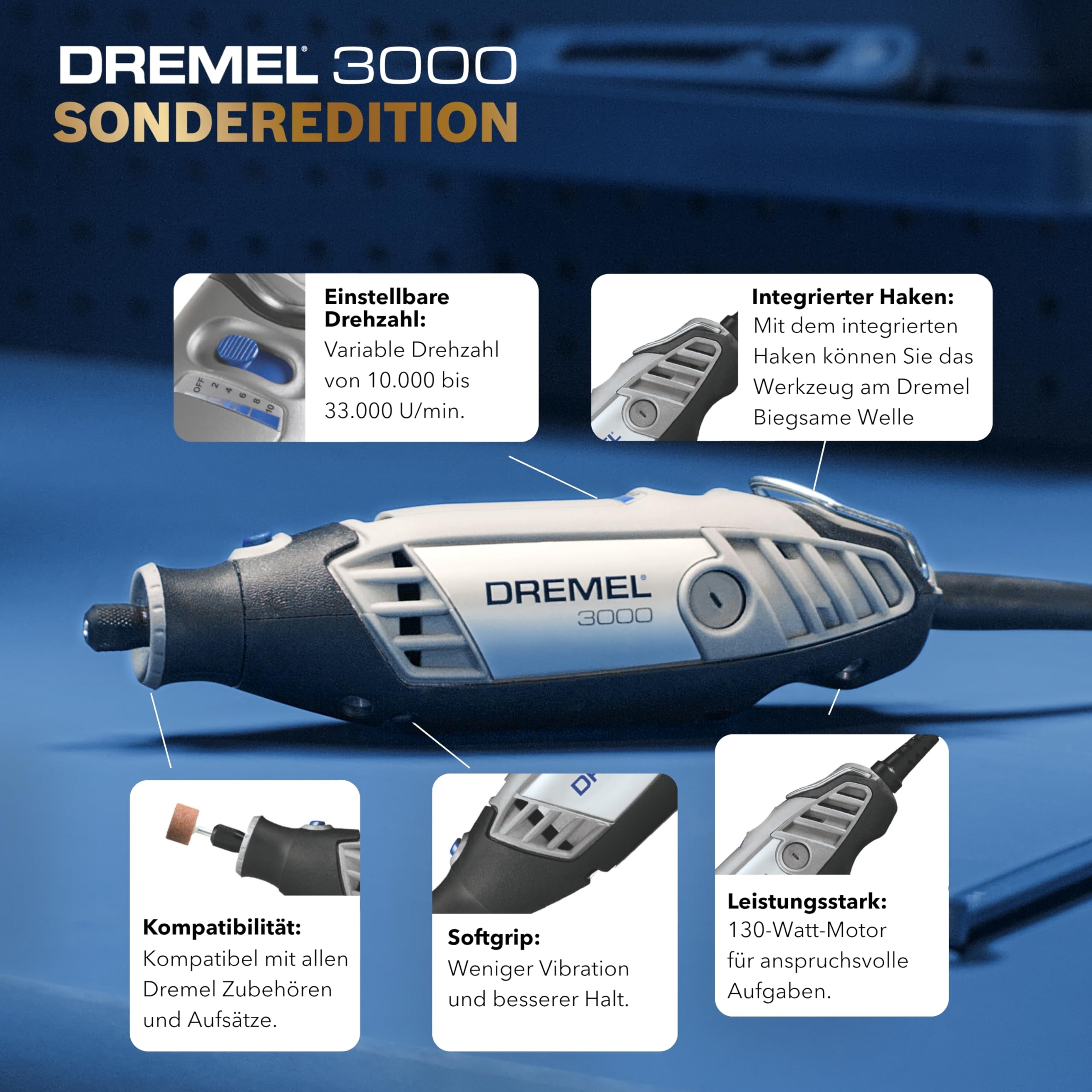 Dremel 3000 Champion Multifunktionswerkzeug mit 130‑W‑Motor bis zu 33.000 U/min inkl 25 Zubehöre, gravierbare Trophäe, Transporttasche, Biegsame Welle zum Trennen, Schnitzen, Schleifen – Sonderedition