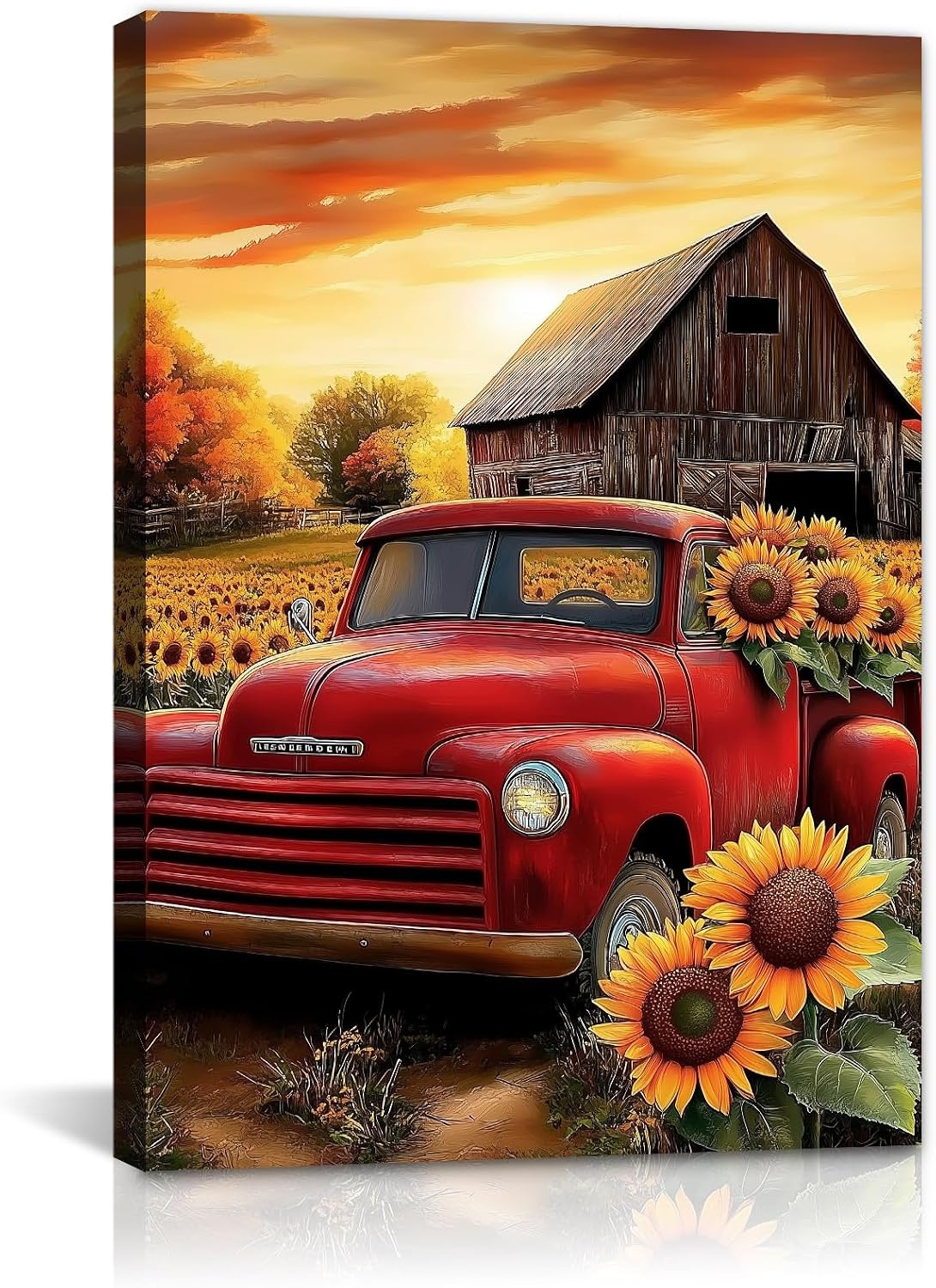 GLOKAKA Rustic Farmhouse Canvas Wall Art Vintage Red Truck Old Barn Pictures Print Sunflower Filed Paintings Countryside Landscape Poster for Living Room Kitchen(FARM-2,16"x24")