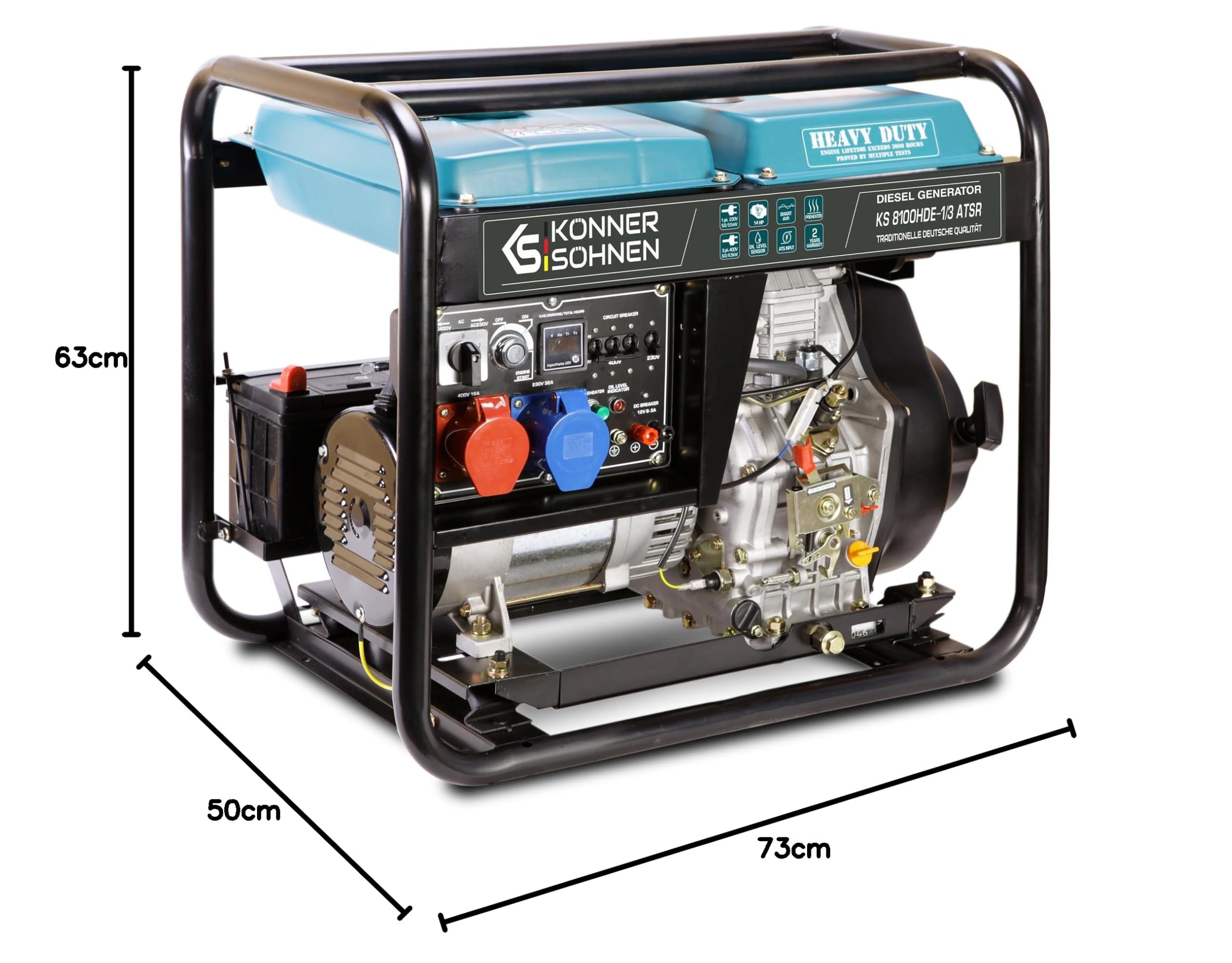 Agregat prądotwórczy Generator Diesla KS 8100HDE-1/3 ATSR (Euro V) z wbudowanym układem przełączania faz (VTS), maksymalna moc 6500 W, 1x16A (400V), maksymalna moc 5500 W 1x32A (230V), autorski silnik EURO-V, wyświetlacz (częstotliwość, napięcie, licznik