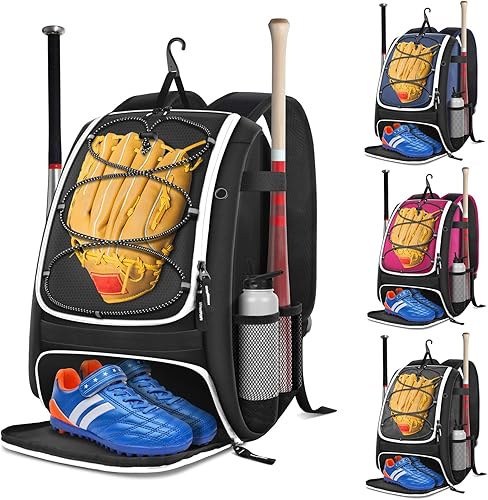 BROTOU Bolsa de béisbol, bolsa de softbol para equipo de béisbol y bate de T-Ball, mochila de béisbol con compartimento para zapatos para