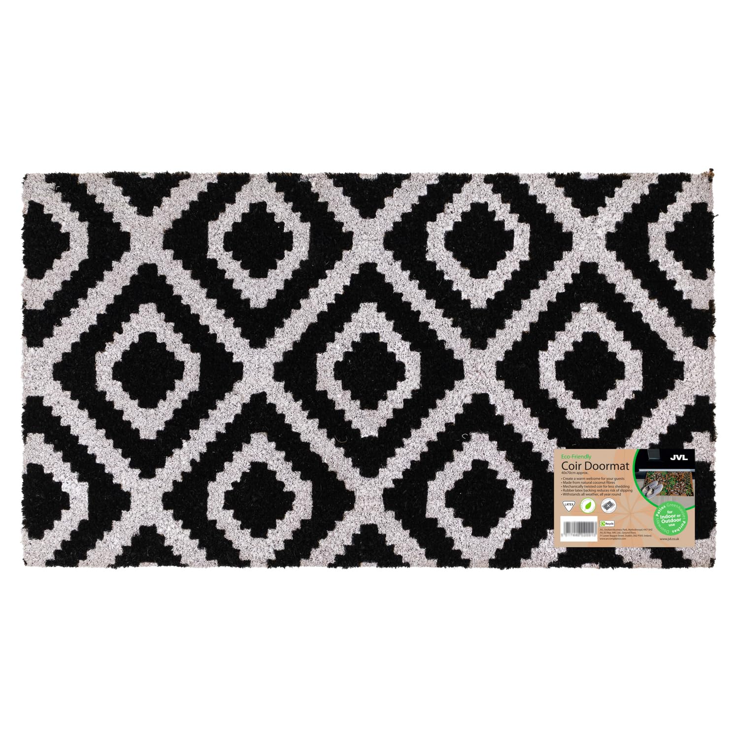 JVL Eco-Friendly Latex Backed Coir Entrance Doormat, 40x70cm - Monochrome Diamond