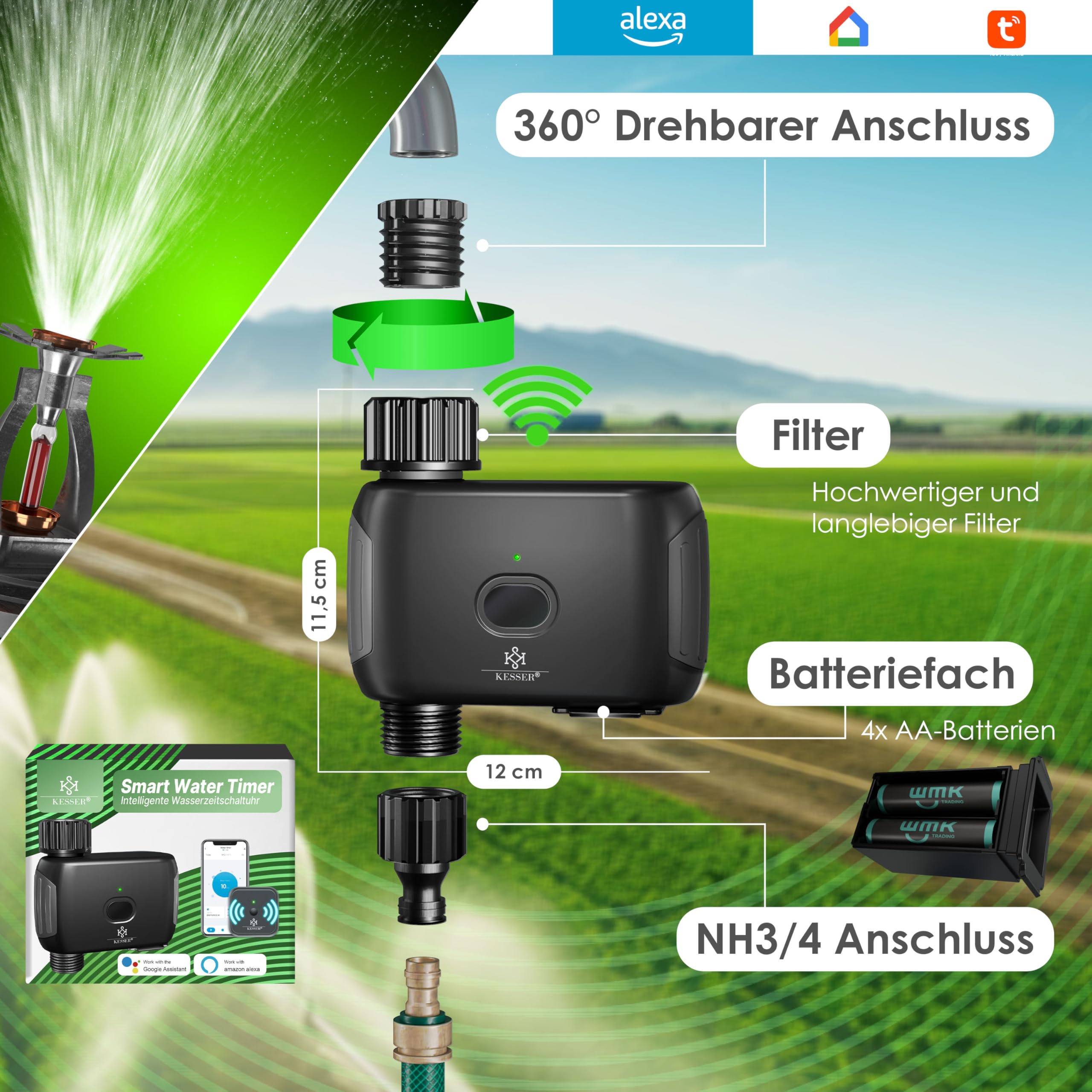 KESSER® Bewässerungssteuerung mit WLAN WiFi | Bewässerungscomputer für Garten & Balkon | Bewässerungssystem mit Zeitschaltuhr | Automatische Bewässerung App & Sprachsteuerung | Schwarz