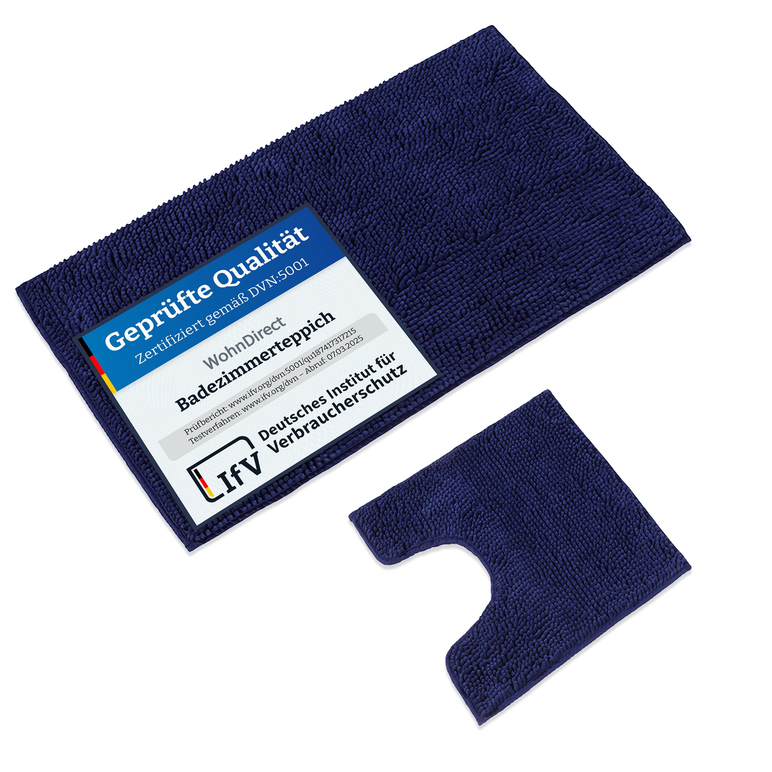 WohnDirect Badematten & Badteppiche Set 2 teilig Blau • WC Vorleger mit Ausschnitt 45x45cm + Badematte rutschfest 70x120cm groß • Badvorleger rutschfest waschbar • Badezimmerteppich ÖkoTex