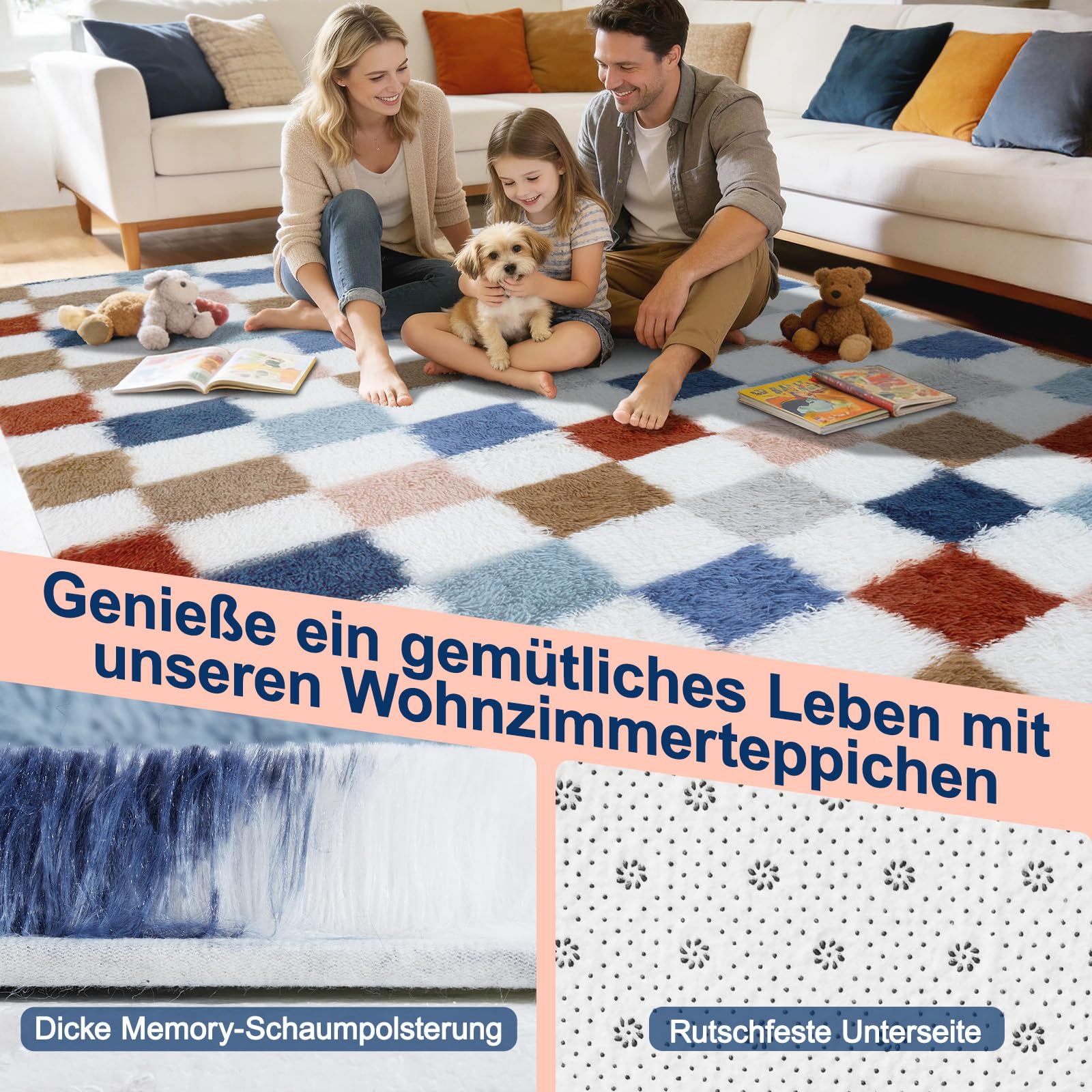 Flauschiger Teppich 200 x 300 cm Waschbar für Wohnzimmer(Farbe) | Anti-Rutsch Moderne Extra großer Teppich fürs Kinderzimmer, Schlafzimmer