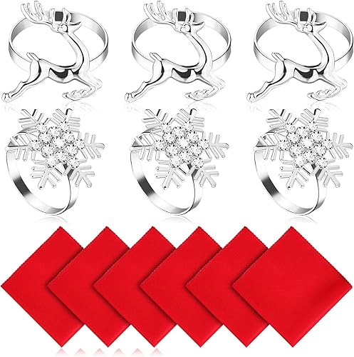 Juego de 12 servilleteros de Navidad, incluye 6 servilleteros, decoración de mesa de comedor con 6 servilletas de color sólido para ocasiones