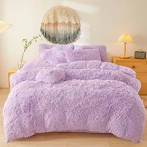 Faux Fur Fluffy Lavender Comforter Cover King Set – Plush Faux Fur Lavender Bedding 3-Piece Set (1 Duvet Cover + 2 Furry Pillow Shams) Cozy Bed Set