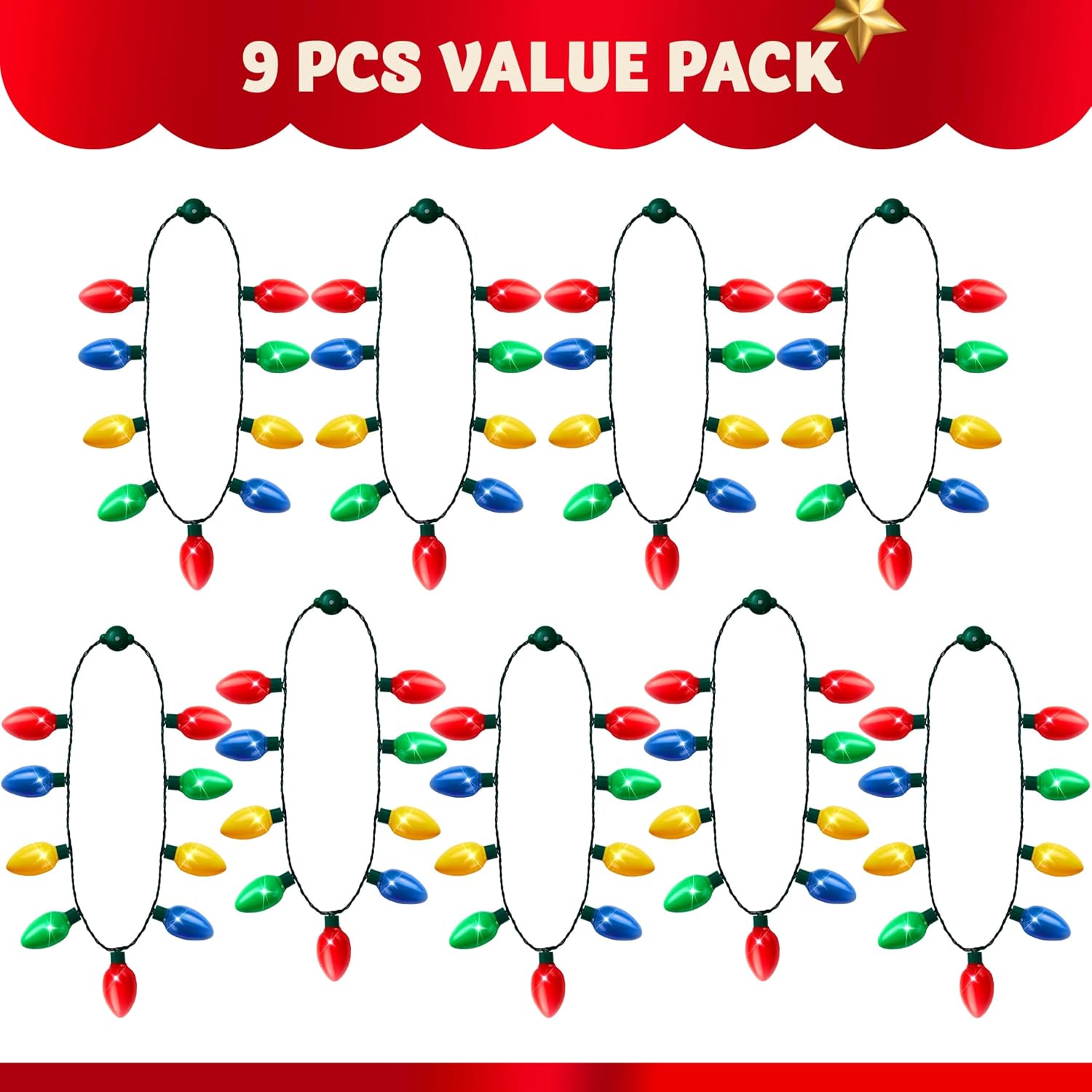 JOYIN 9 Packs Christmas Necklace LED Light Up Necklaces 9 Bulbs LED Holiday Party Favor Costume Accessories for Christmas Xmas Favor Party Supply