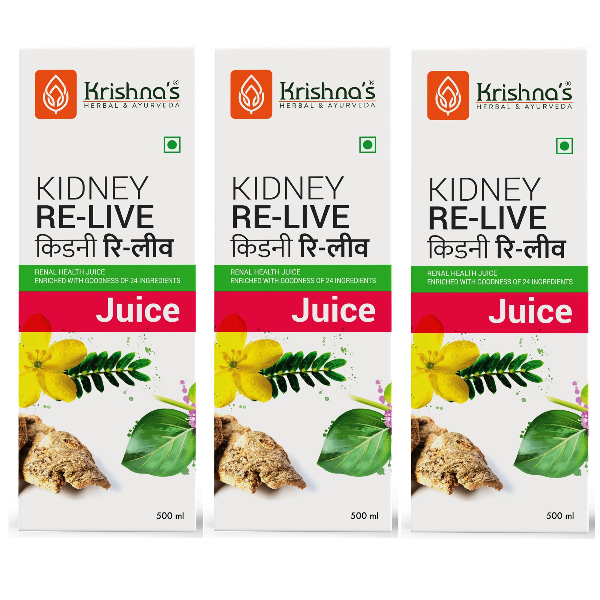 Krishna's Kidney Re-Live Juice - 500 ml (Pack of 3) For healthy kidneys | Enriched with 24 herbs like Pashanbhed, Pushkarmool, Kaunch Beej, Arjun Chaal, Gokhru | Sugar free Juice with No Added Color