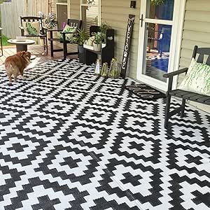 NFECO Reversible Rugs Plastic Rug Outdoor Rug Lightweight Outside Mats Modern Outdoor Rug for Patio Portable Mats for RV Backyard Deck Picnic Beach (6x9, Black&White)