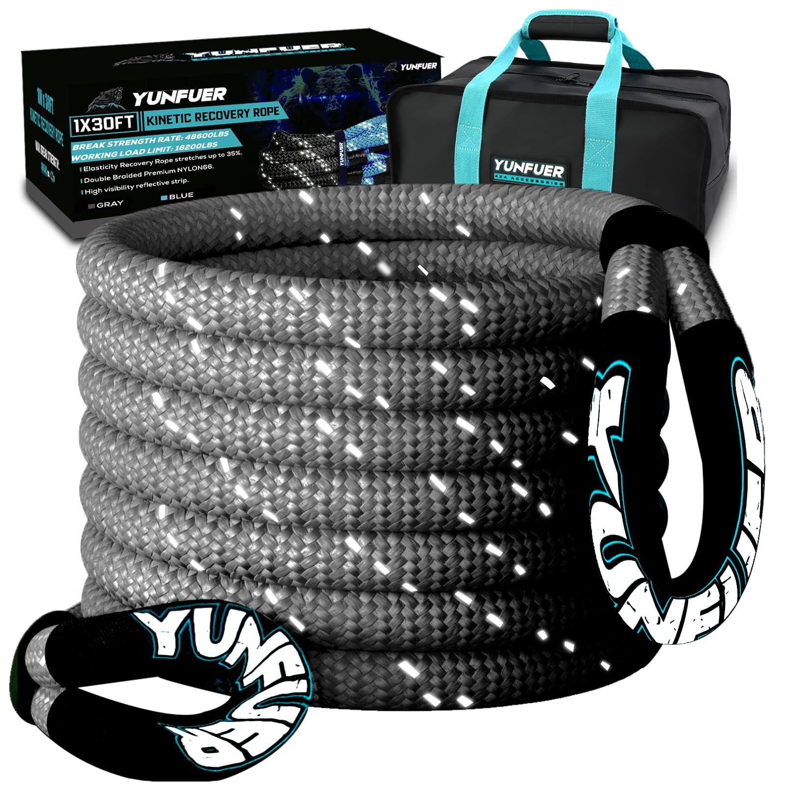 Heavy-Duty Kinetic Recovery Rope Kit – 48,600lbs, 1in x 30ft – 35%+ Elasticity for Off-Road Recovery, Towing & Emergency Use (Reflective)