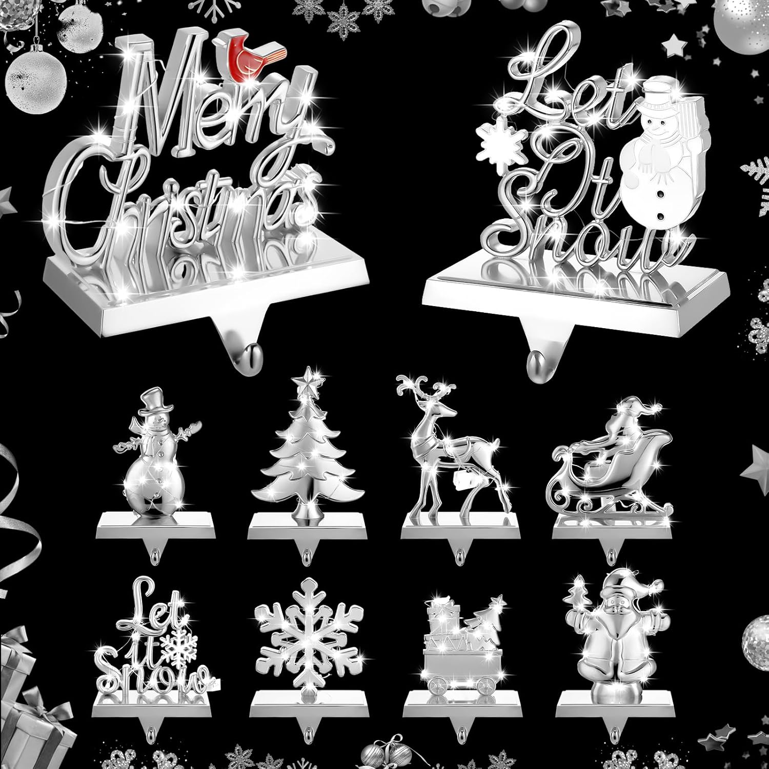Tandefio 10 Pcs Christmas Stocking Holders for Mantle with 10 Pcs LED Light Christmas Stocking Hangers Santa Snowman Snowflake Reindeer Hooks for Xmas Fireplace Decorations(Silver, White)