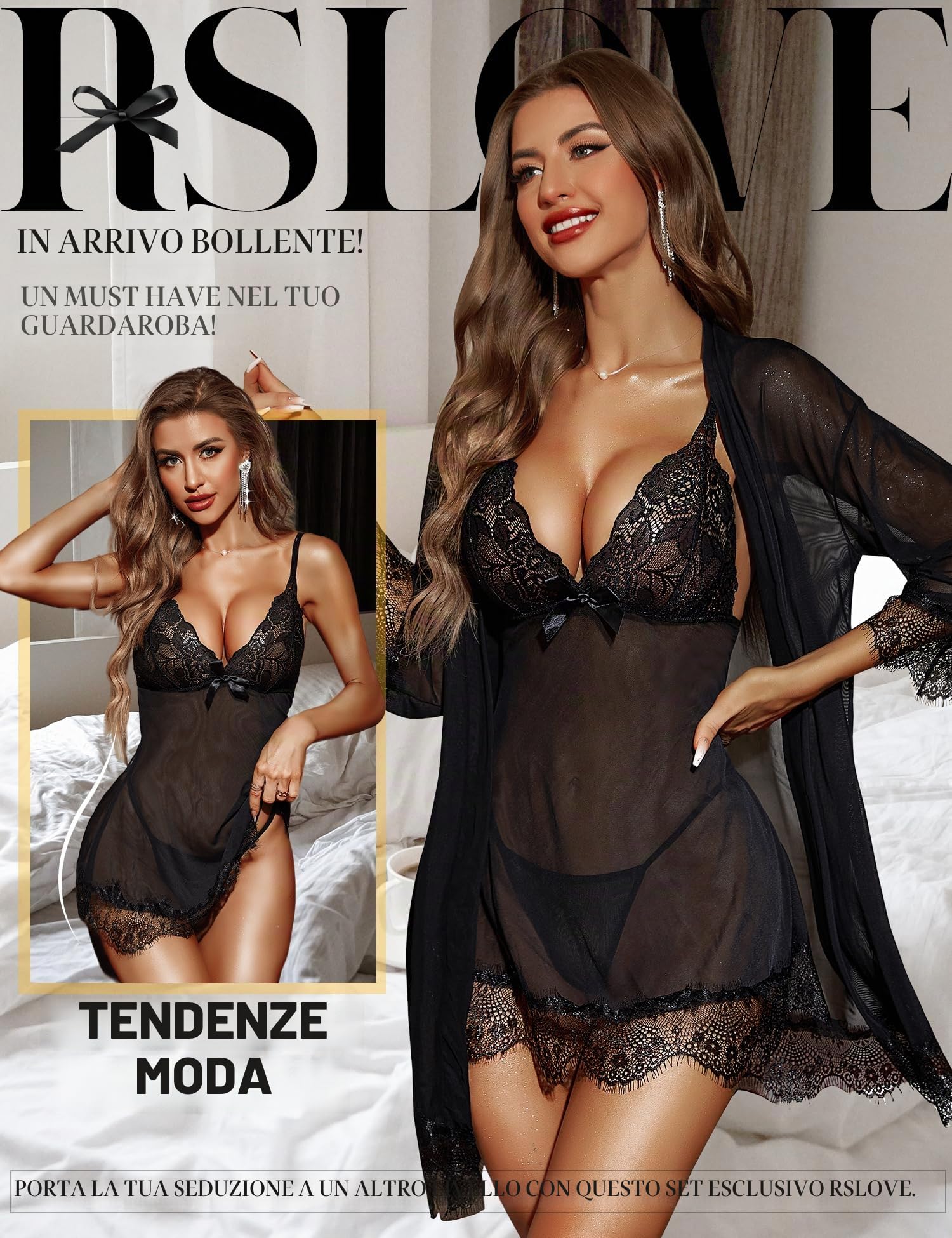 RSLOVE Lingerie Donna Sexy Babydoll in Pizzo Camicia da Notte Set di Pigiama Completo Intimi Vestaglia A Rete