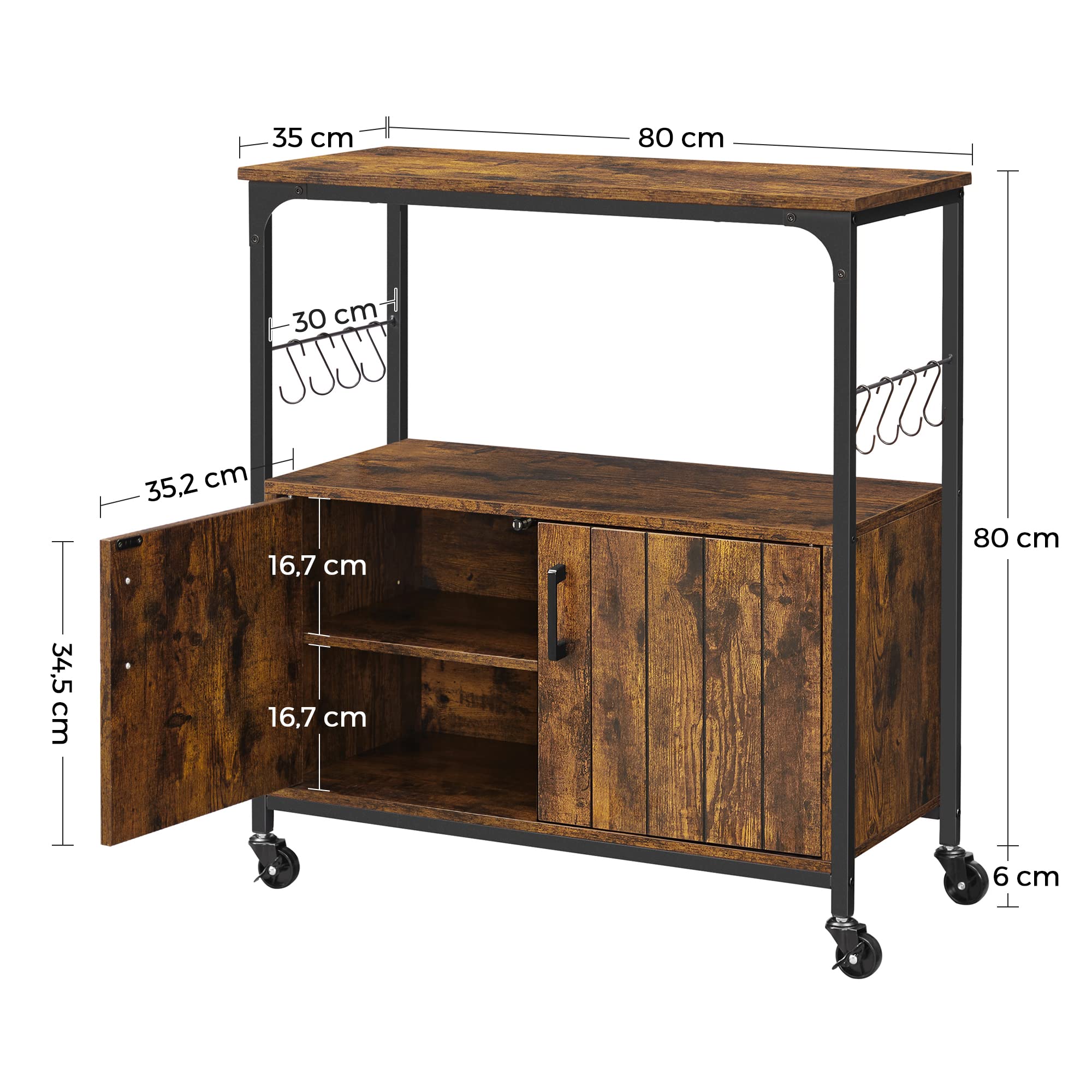 VASAGLE Sideboard, Kitchen Island, Baker’s Rack with Wheels, Food Trolley with Doors, 8 Hooks