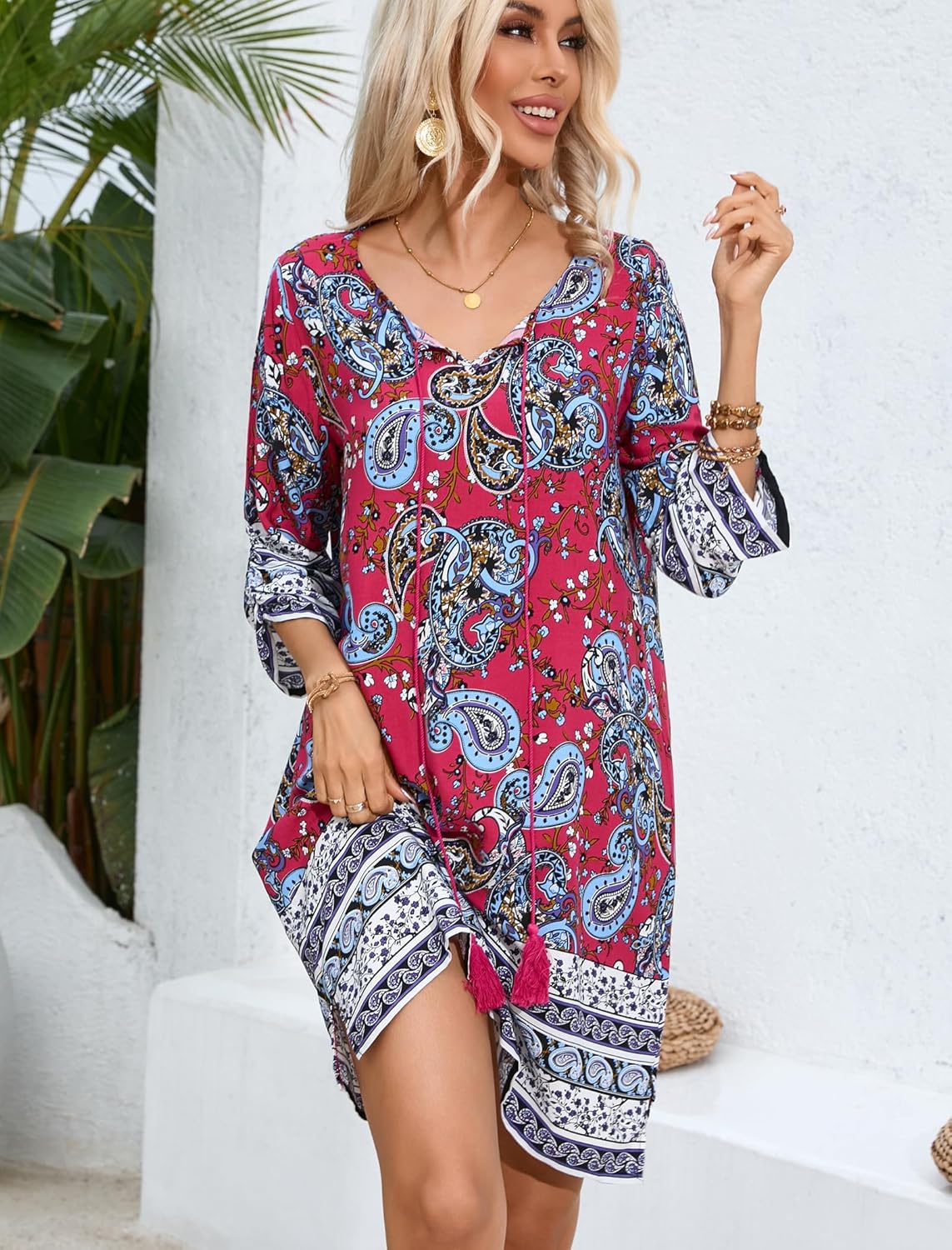 HOTOUCH Women Casual Beach Summer Dress Boho V Neck 3/4 Long Sleeve Short Floral Print Flowy Swimsuit Cover Up Sundress - Image 2